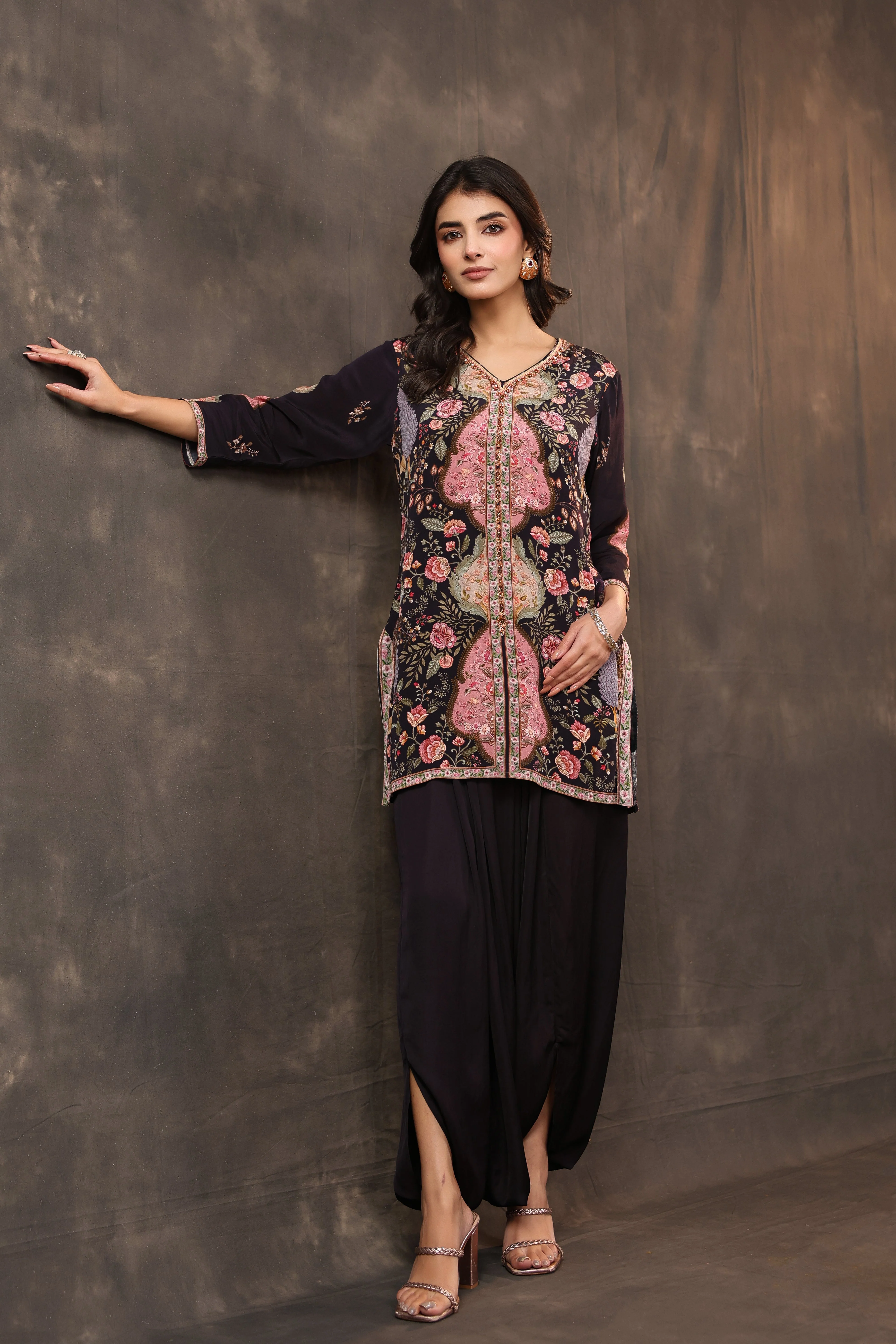 Midnight Rose Printed Crepe Silk Dhoti Set - Image 4