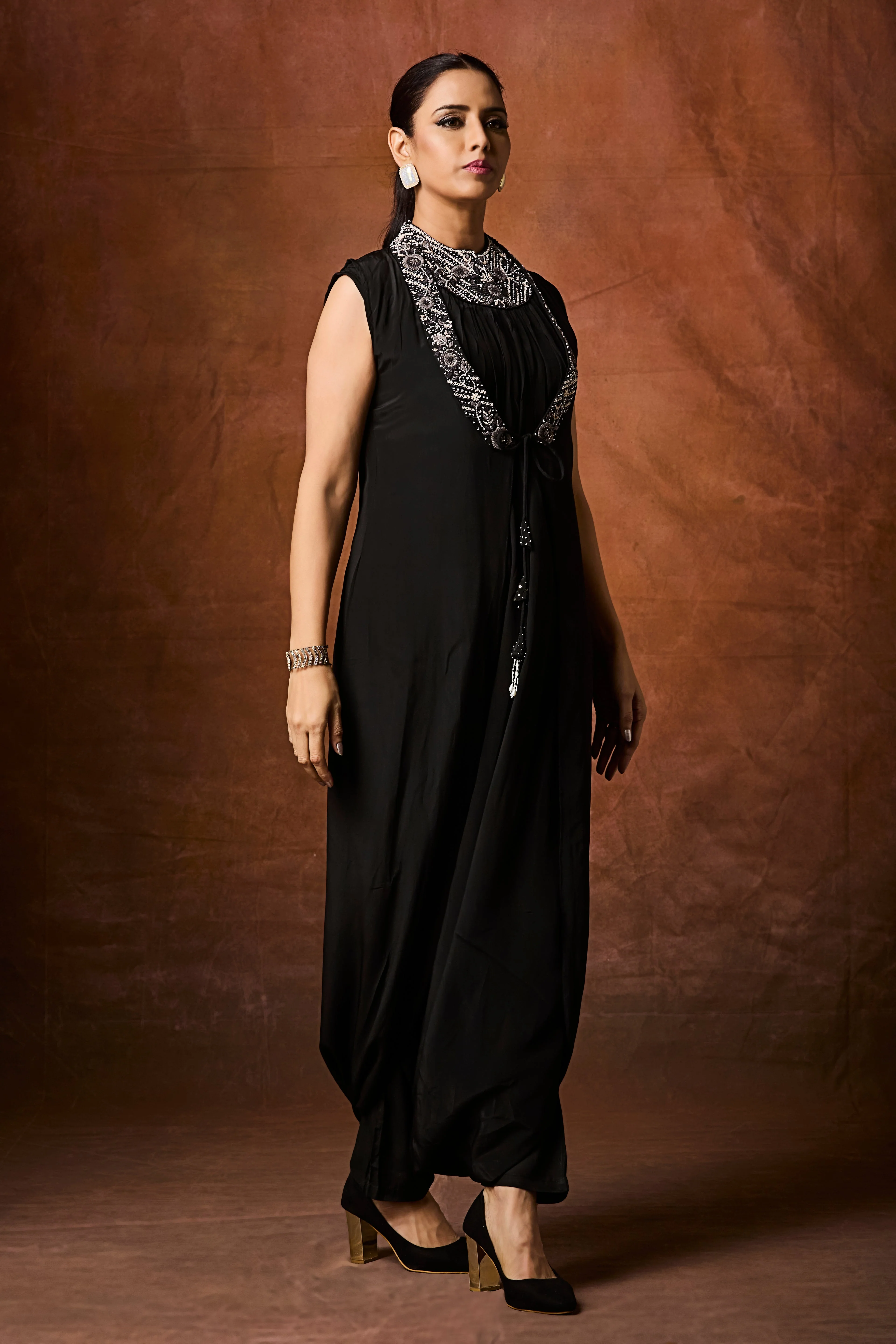 Rich Black Embellished Chinon Silk Cowl Dress - Image 3