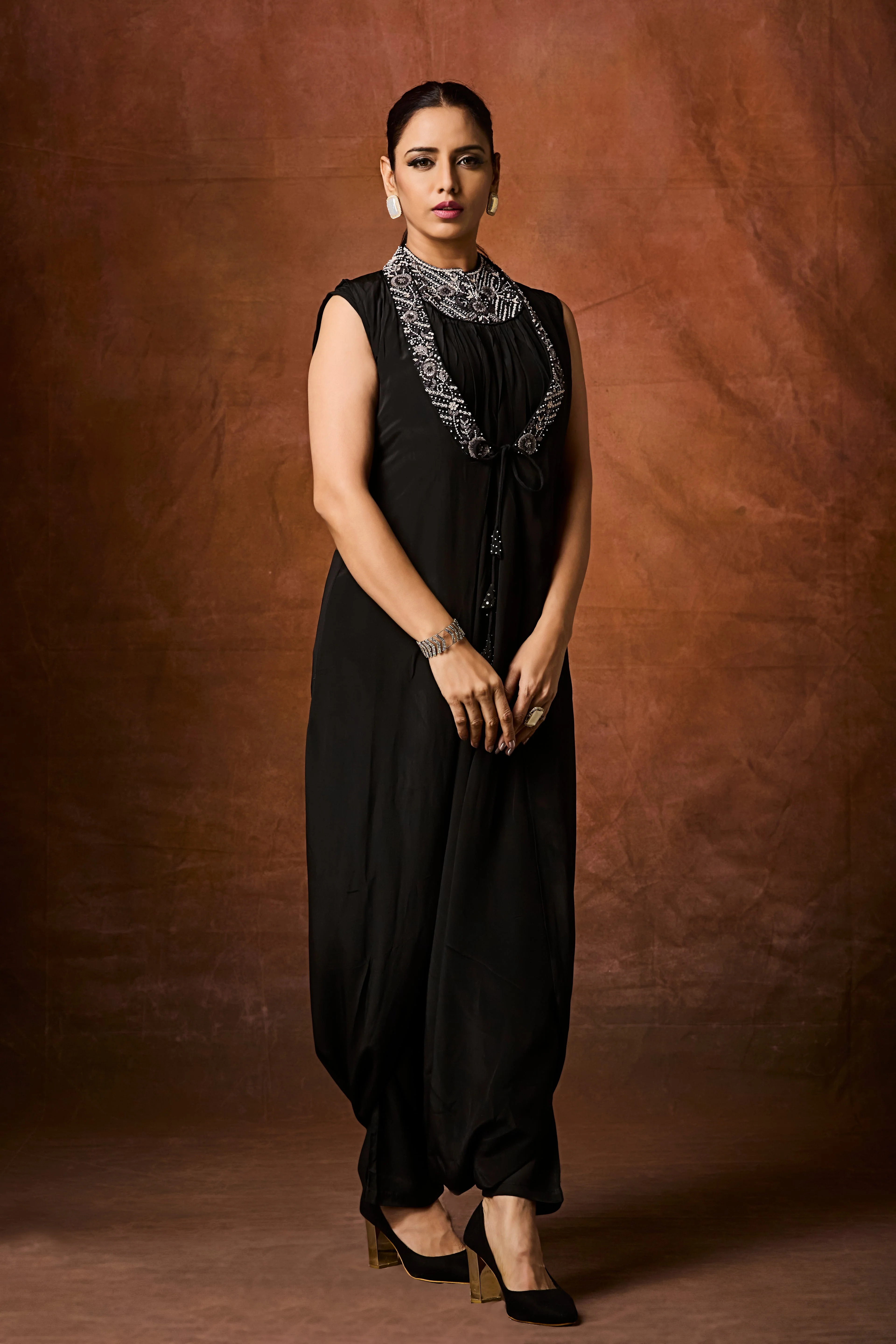 Rich Black Embellished Chinon Silk Cowl Dress - Image 4