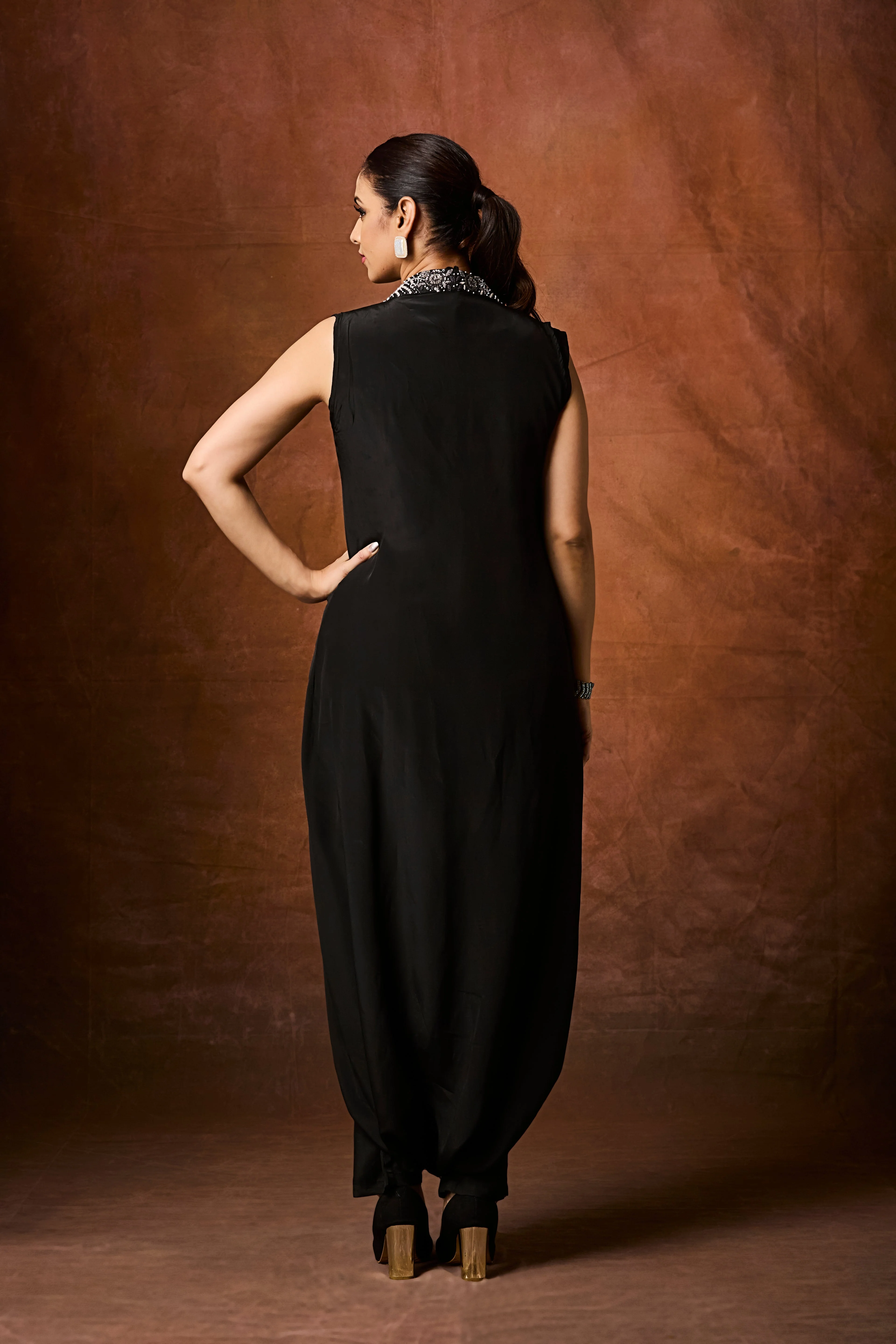 Rich Black Embellished Chinon Silk Cowl Dress - Image 5