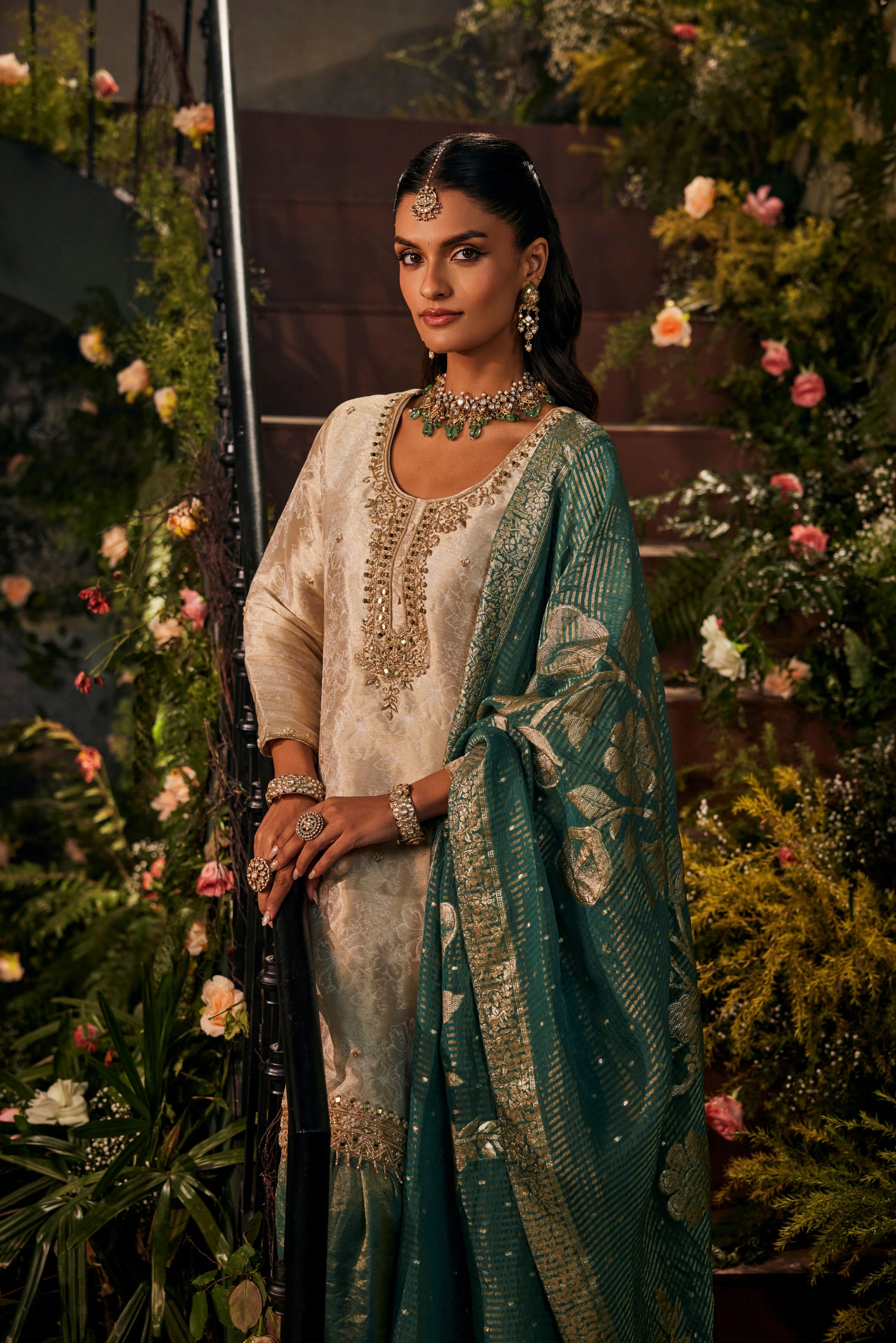 Cream Pearl Shimmer Brocade Silk Sharara Set - Image 2