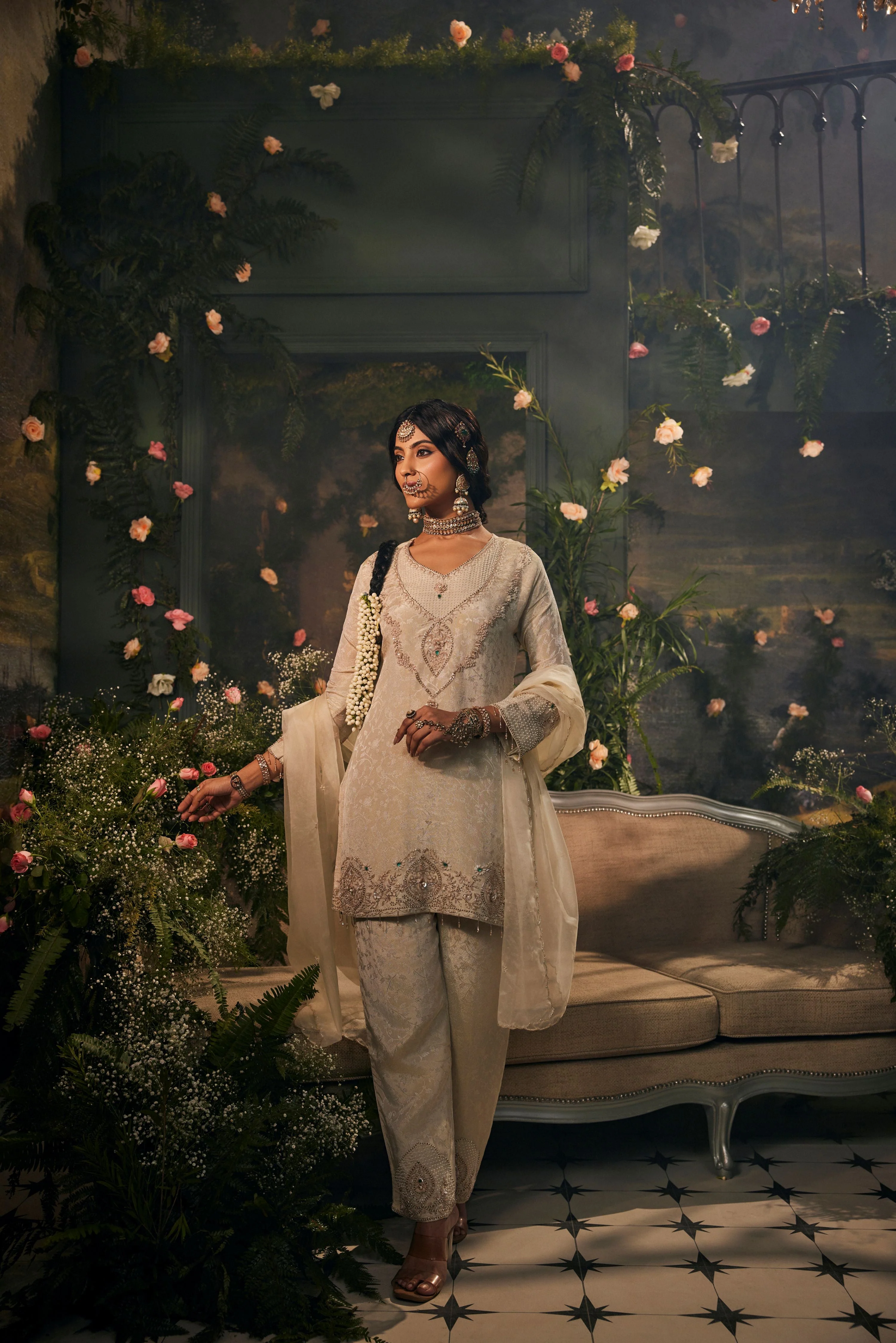 Milk Cream Embellished Brocade Silk Pant Set