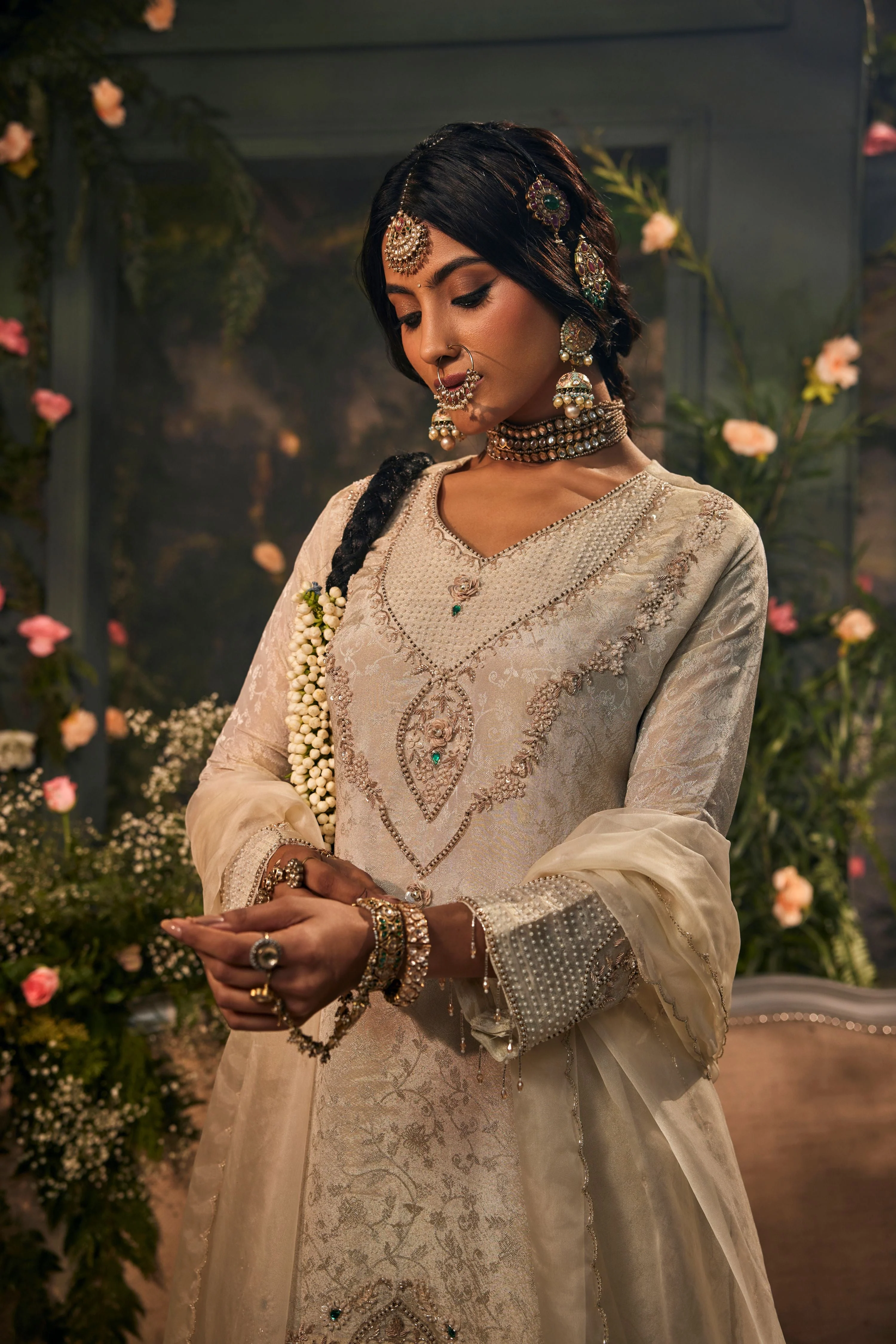 Milk Cream Embellished Brocade Silk Pant Set - Image 2