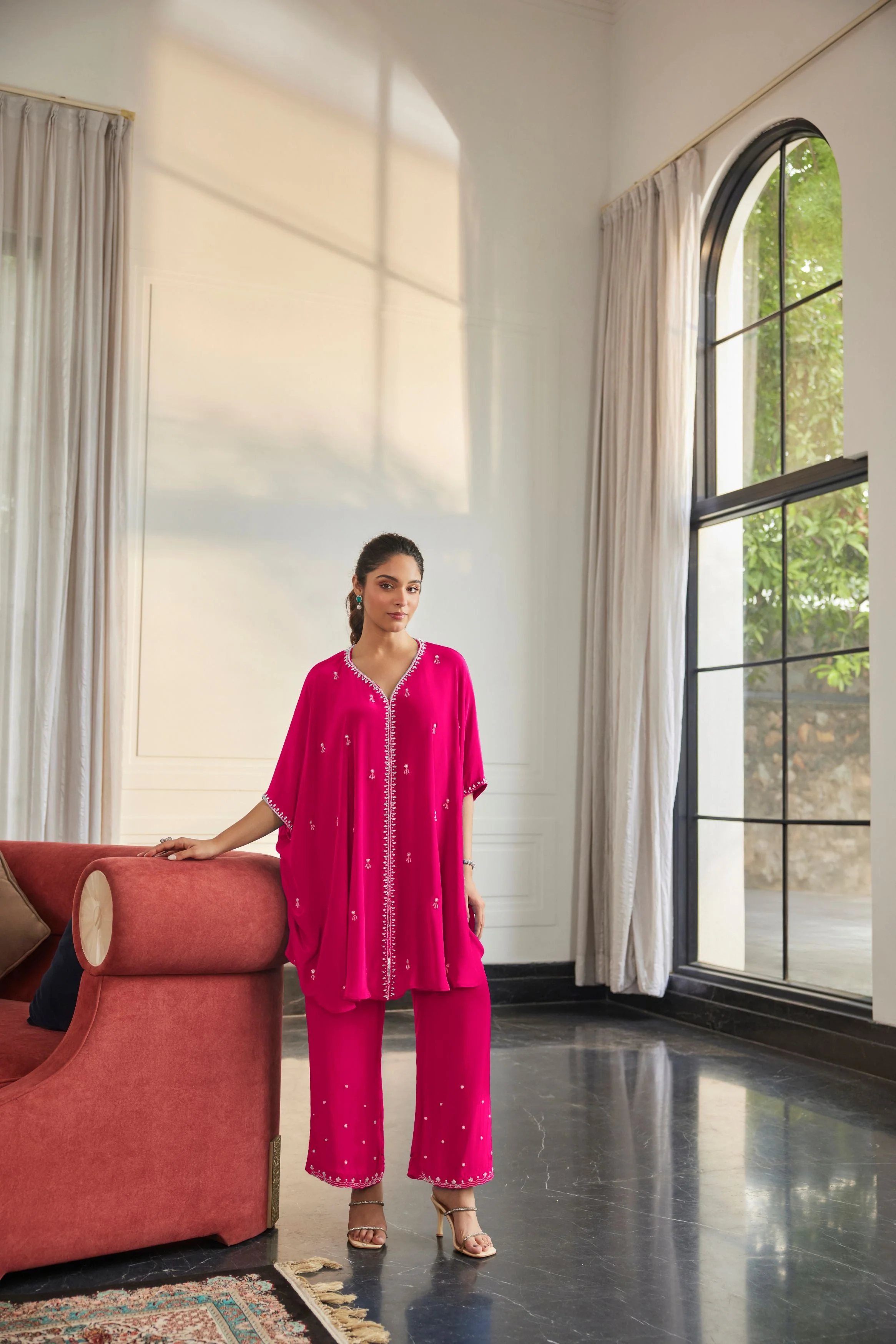 Bright Pink Embellished Satin Silk Kaftan Set