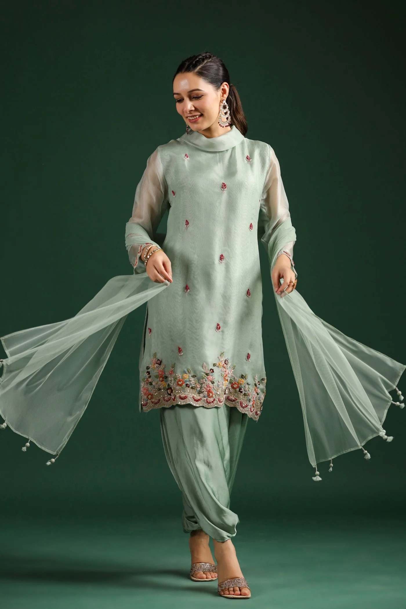 Mint Green Embellished Cowl Pants Set - Image 3