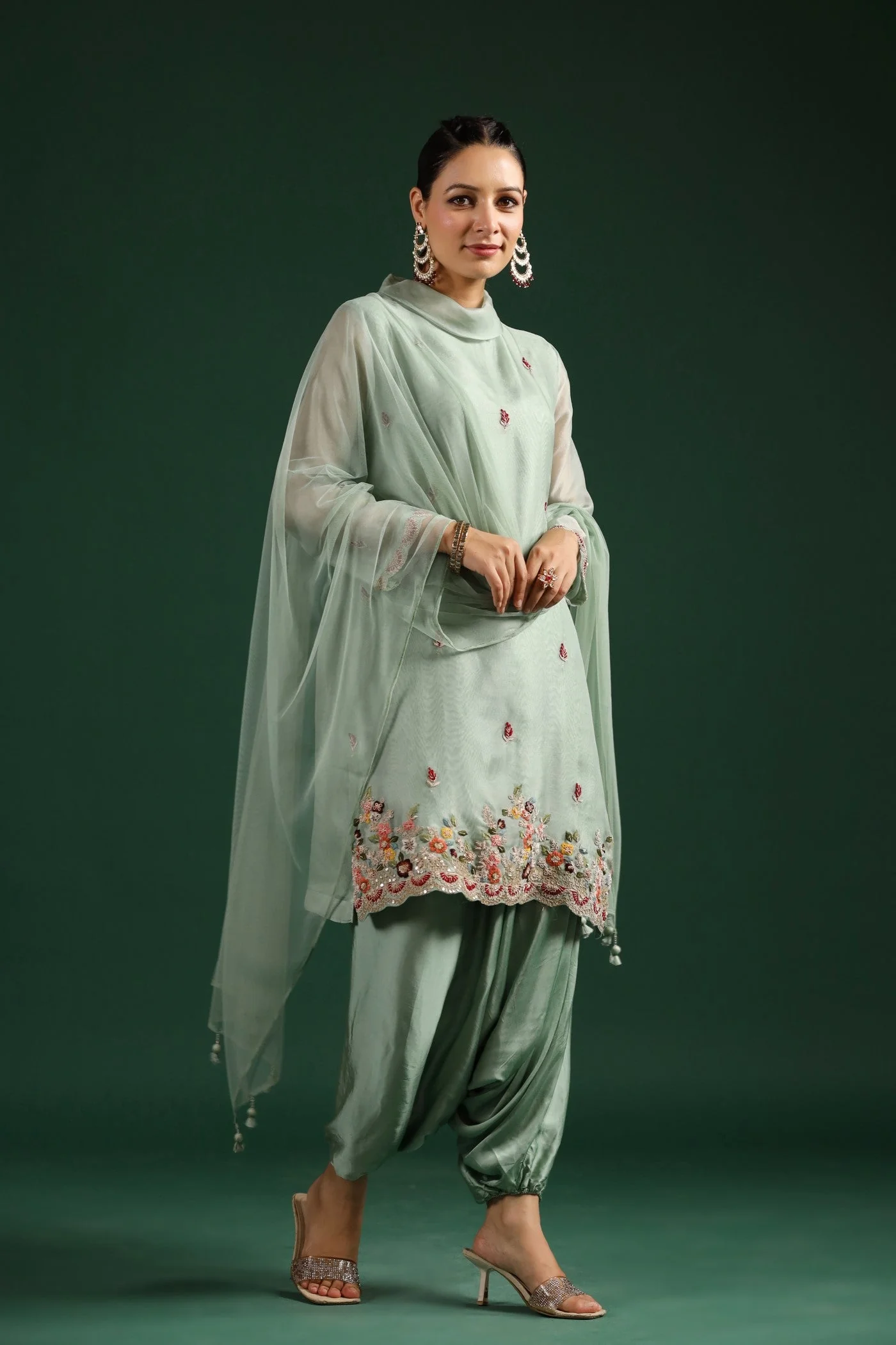 Mint Green Embellished Cowl Pants Set - Image 4