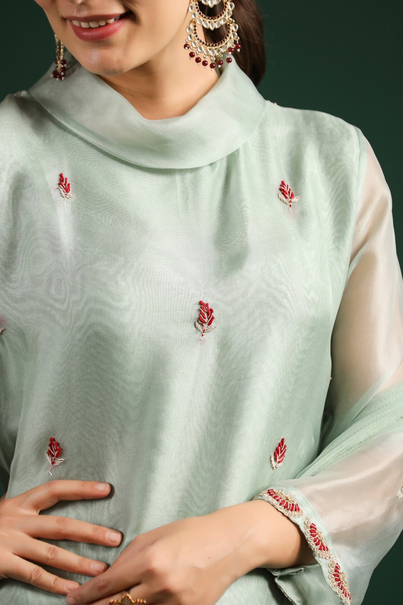 Mint Green Embellished Cowl Pants Set - Image 5