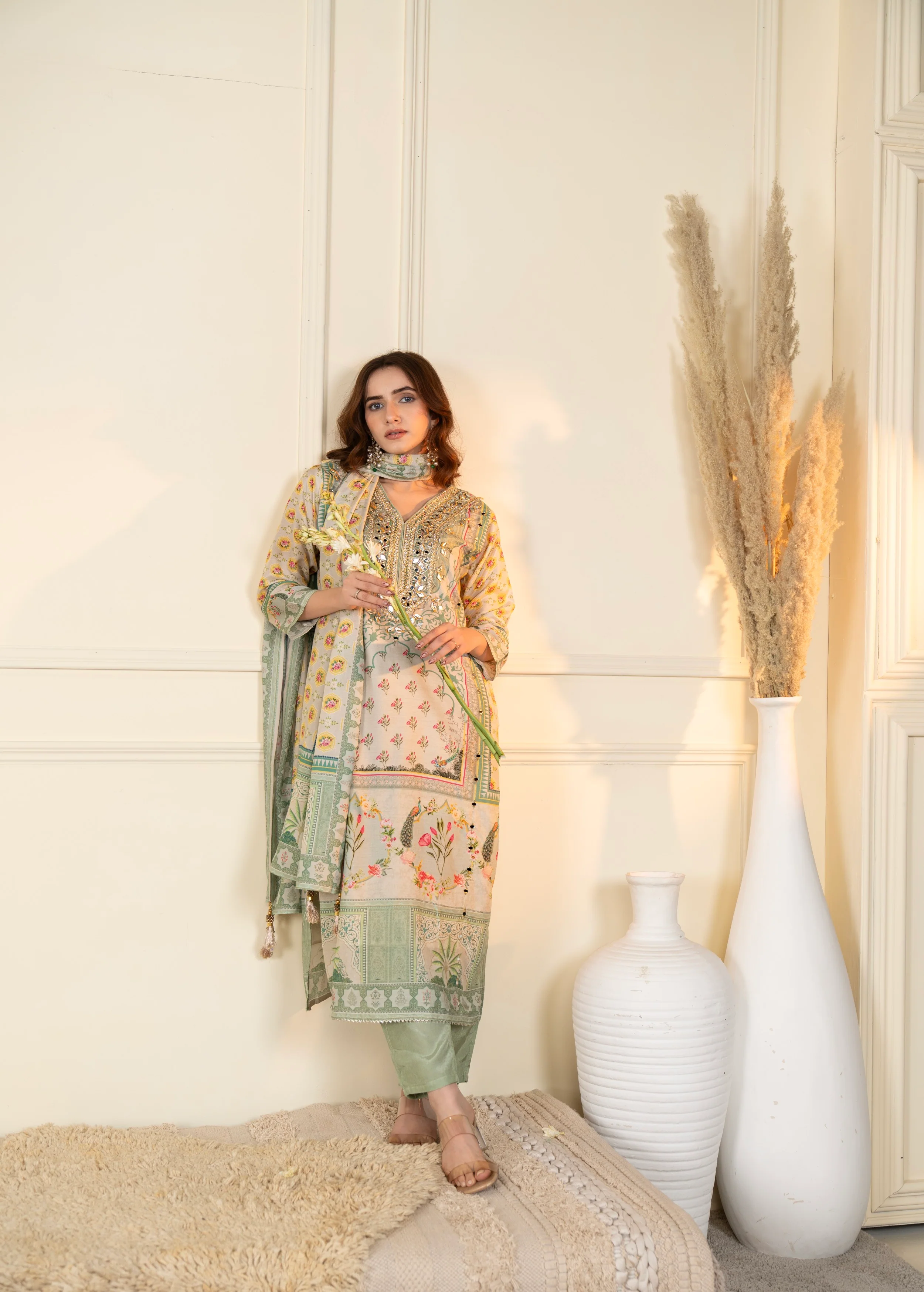 Mint Green Embellished Muslin Silk Pant Set - Image 2