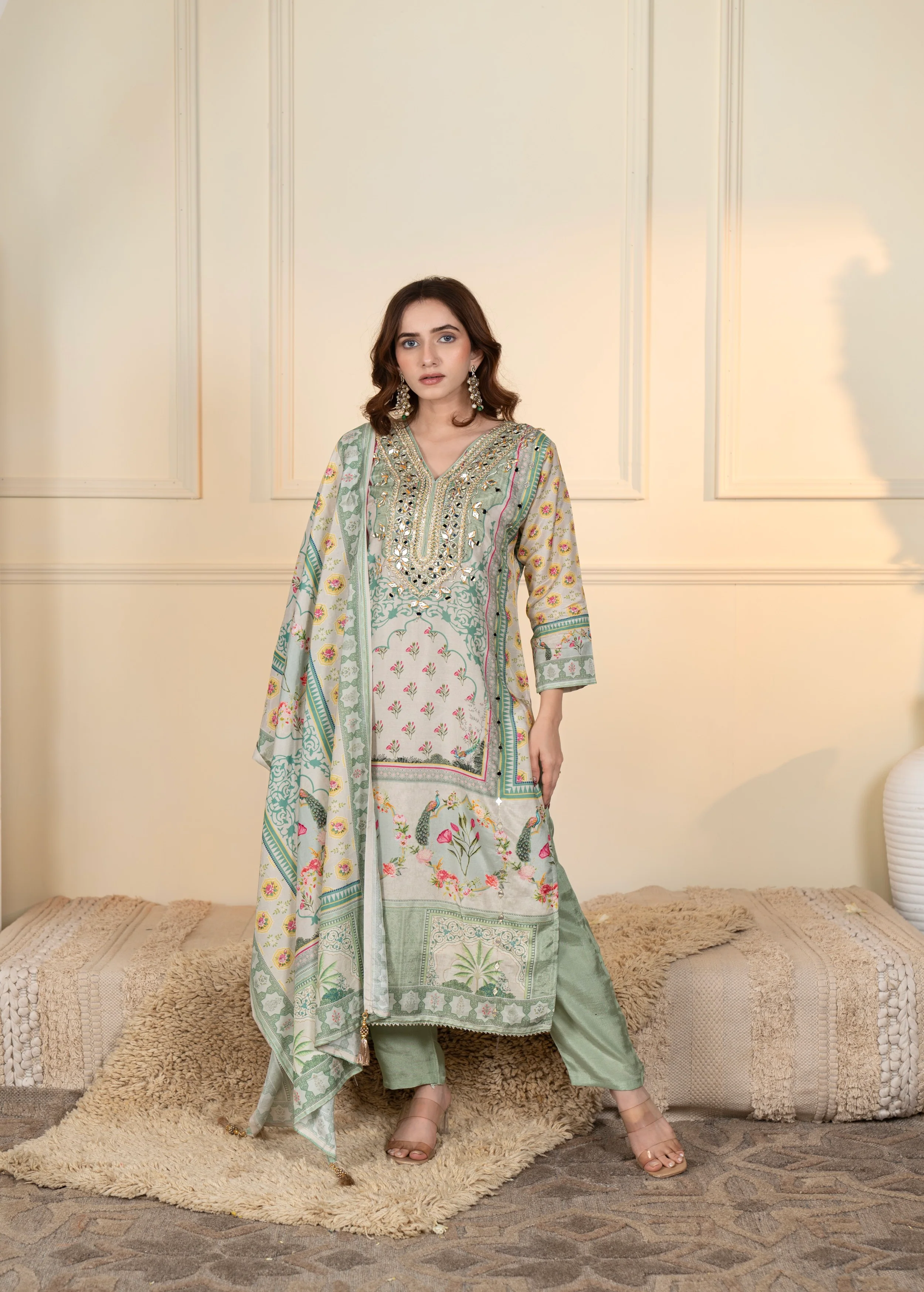 Mint Green Embellished Muslin Silk Pant Set - Image 3
