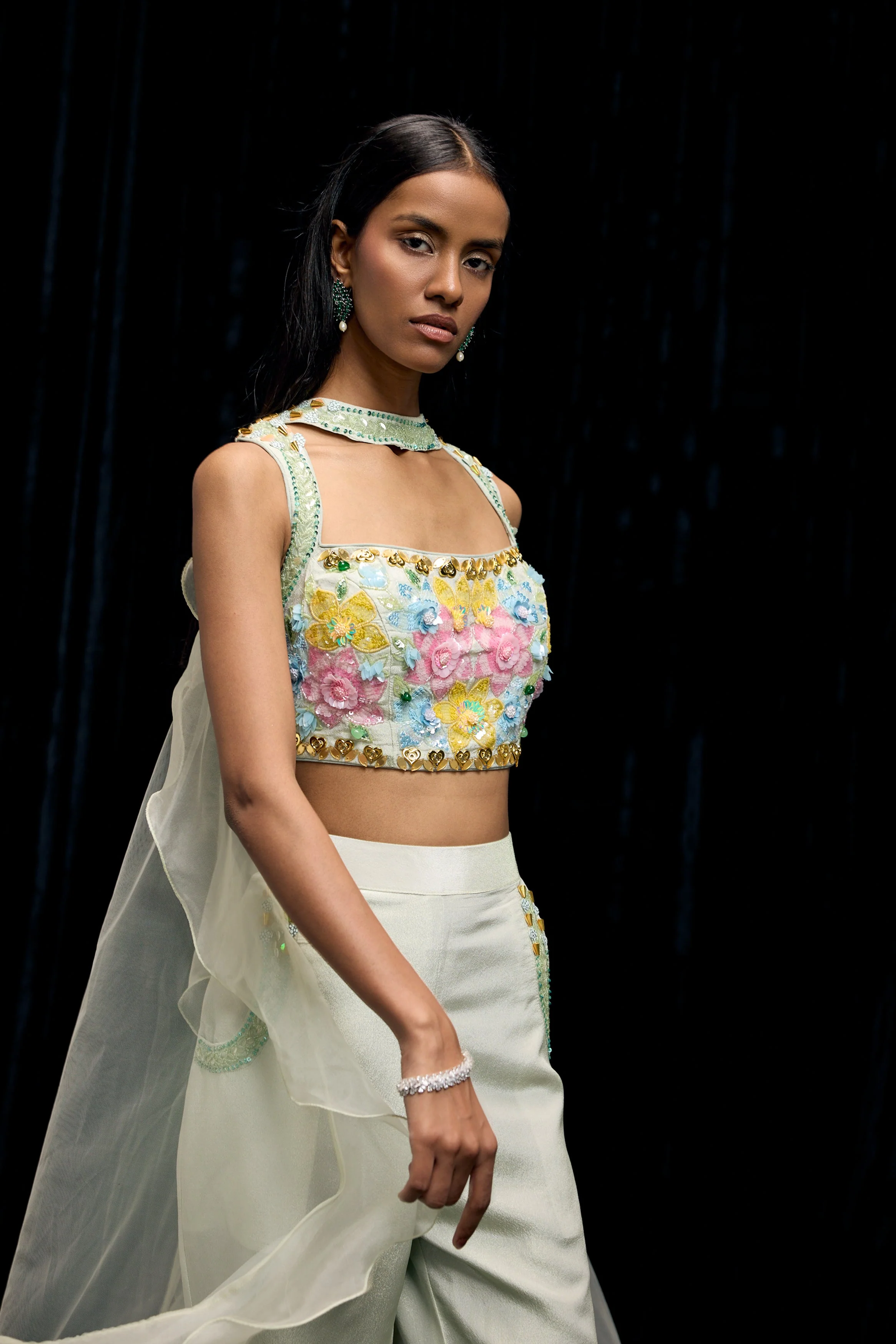 Mint Green Embellished Shimmer Tissue Silk Palazzo Set - Image 3