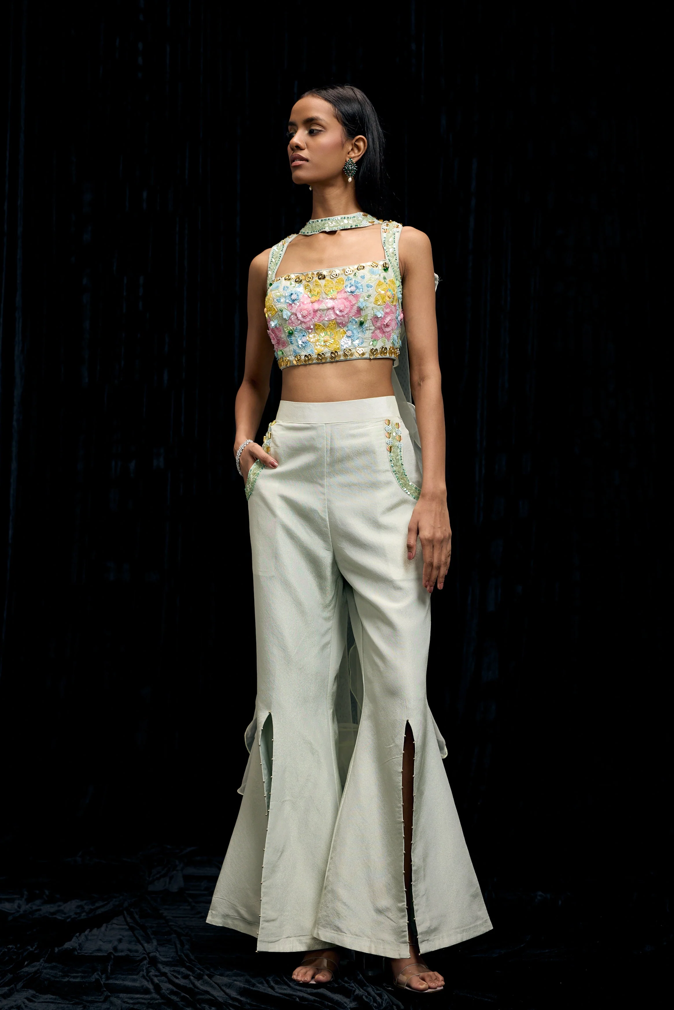 Mint Green Embellished Shimmer Tissue Silk Palazzo Set - Image 4