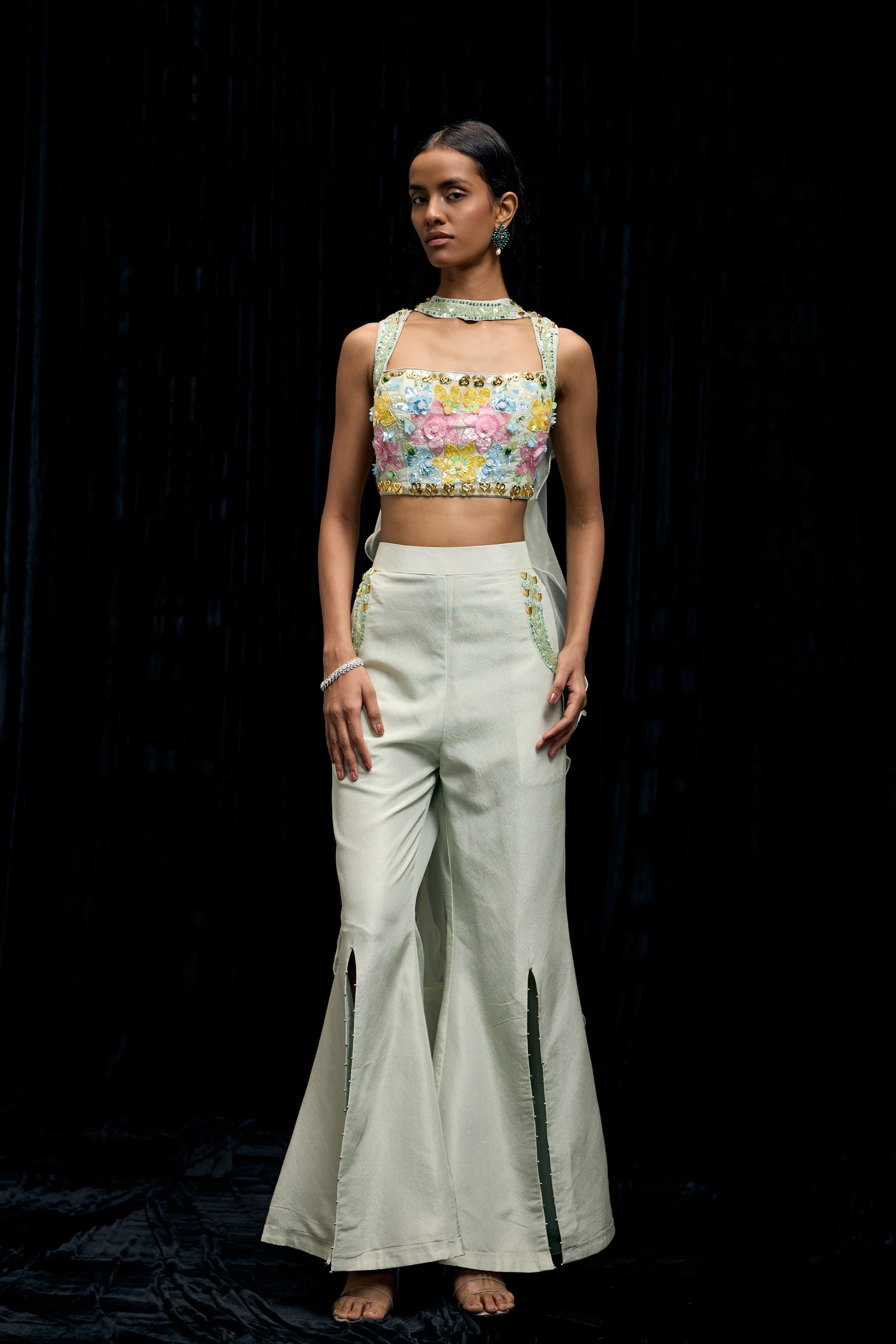 Mint Green Embellished Shimmer Tissue Silk Palazzo Set - Image 5