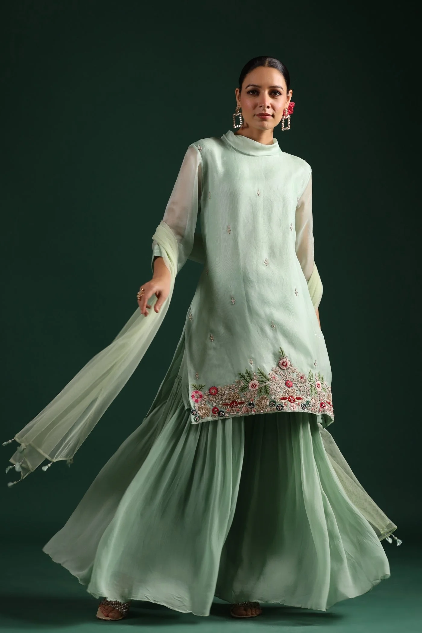 Mint Green Embroidered Sharara Set - Image 3