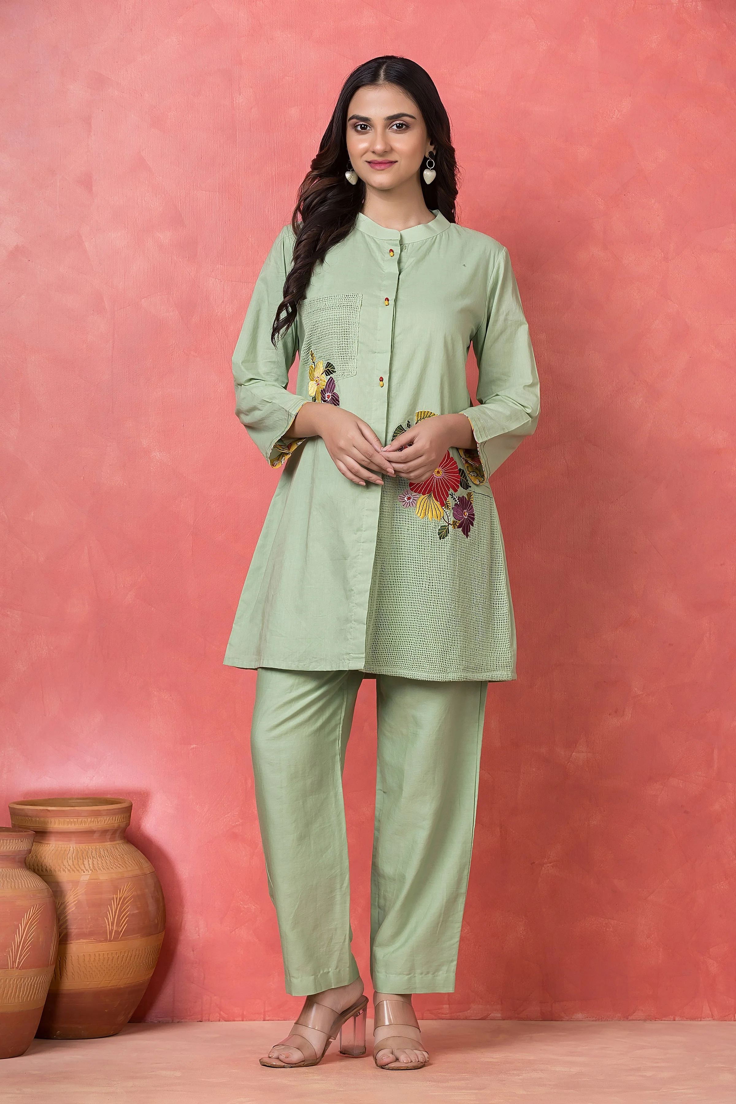 Mint Green Floral Applique Mul Cotton Co-Ord Set