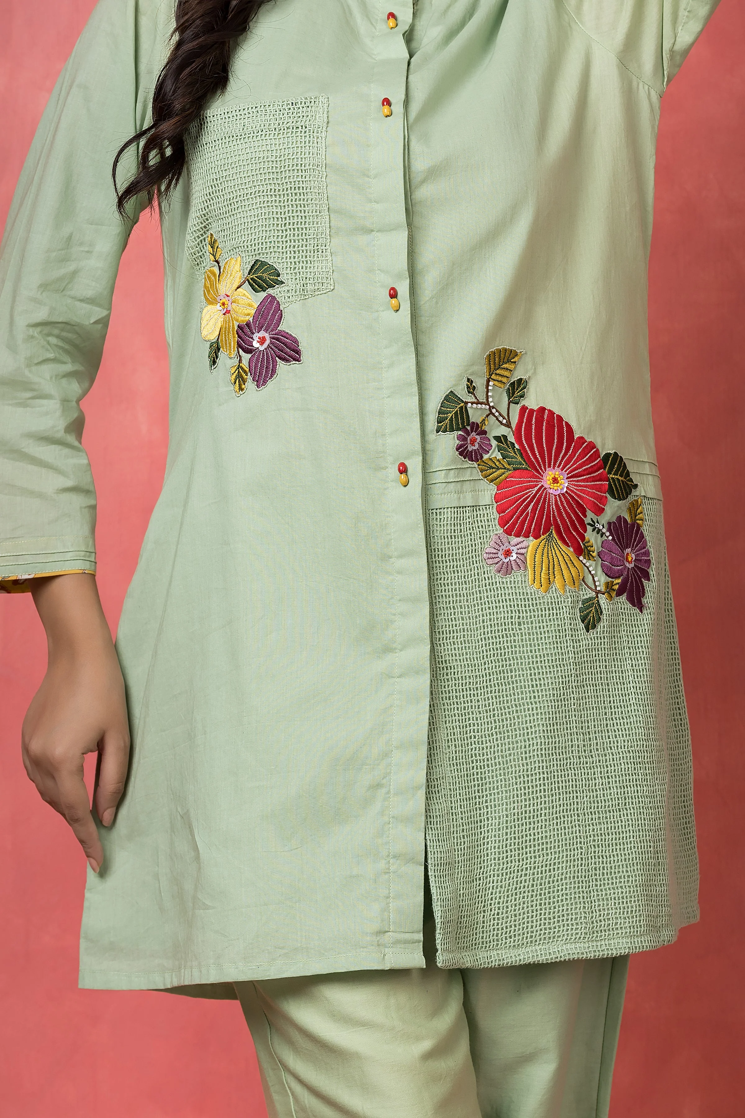 Mint Green Floral Applique Mul Cotton Co-Ord Set - Image 2