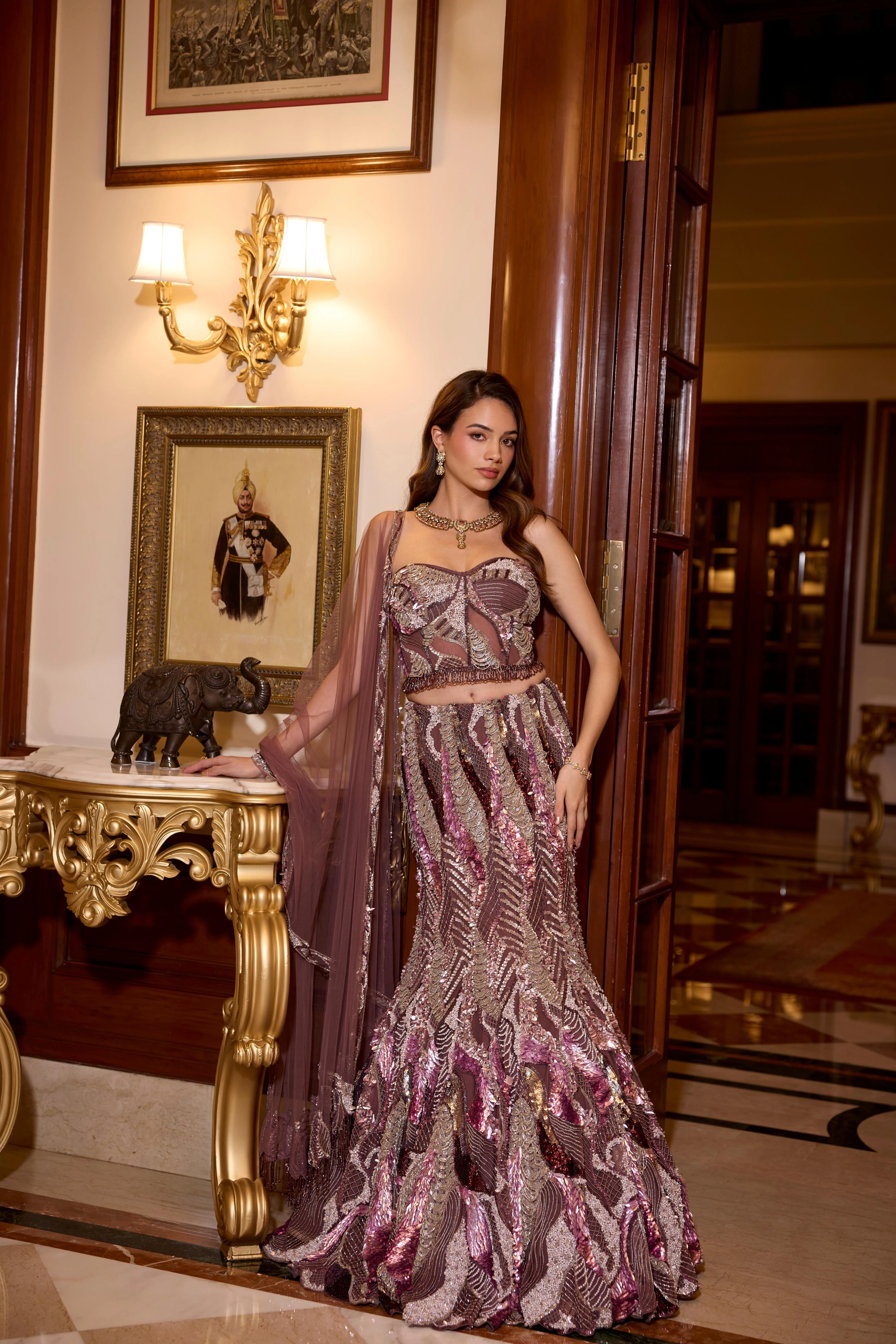 Deep Rose Gold Embellished Premium Fishcut Lehenga Set