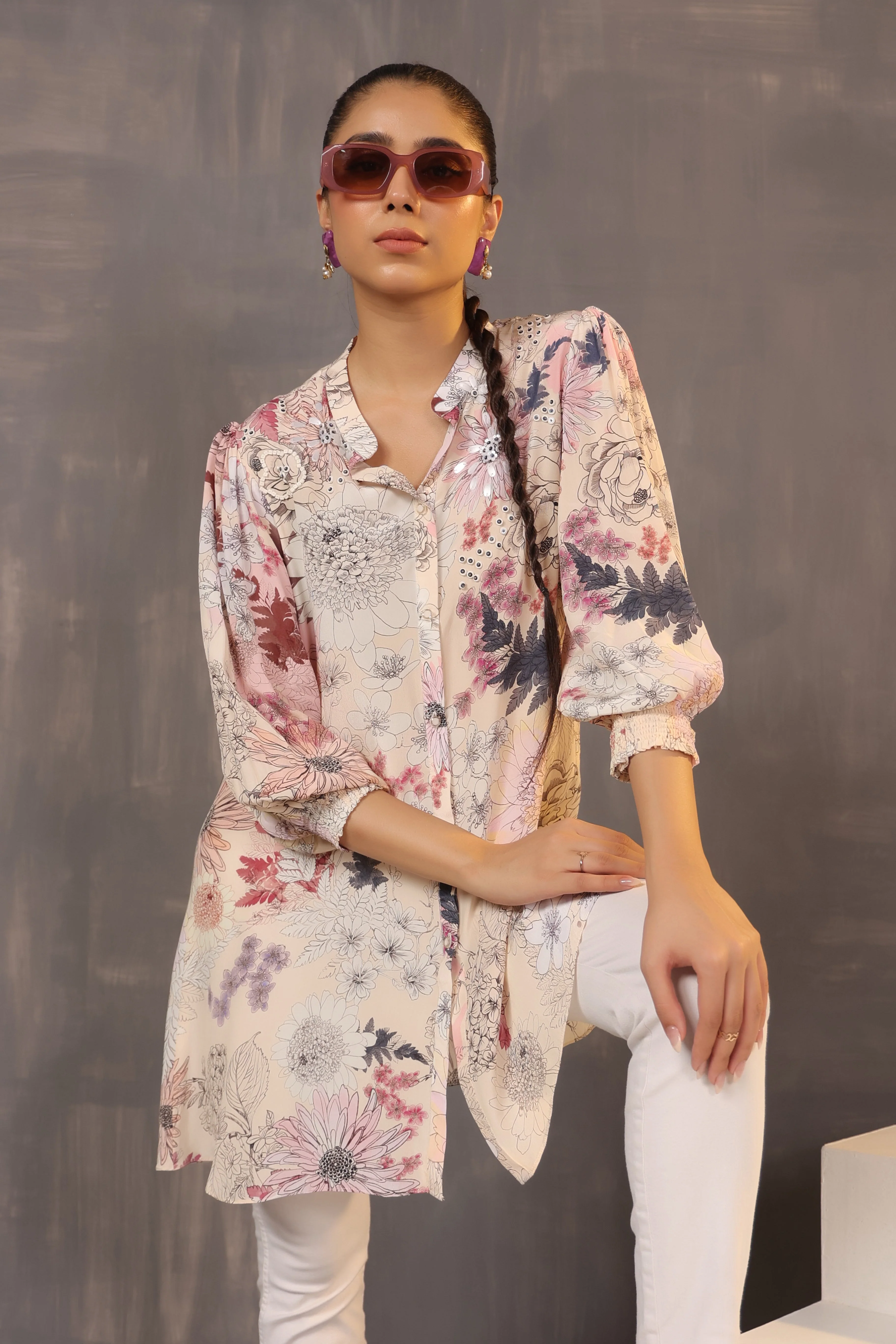 Misty Rose Floral Printed Crepe Silk Shirt - Image 3