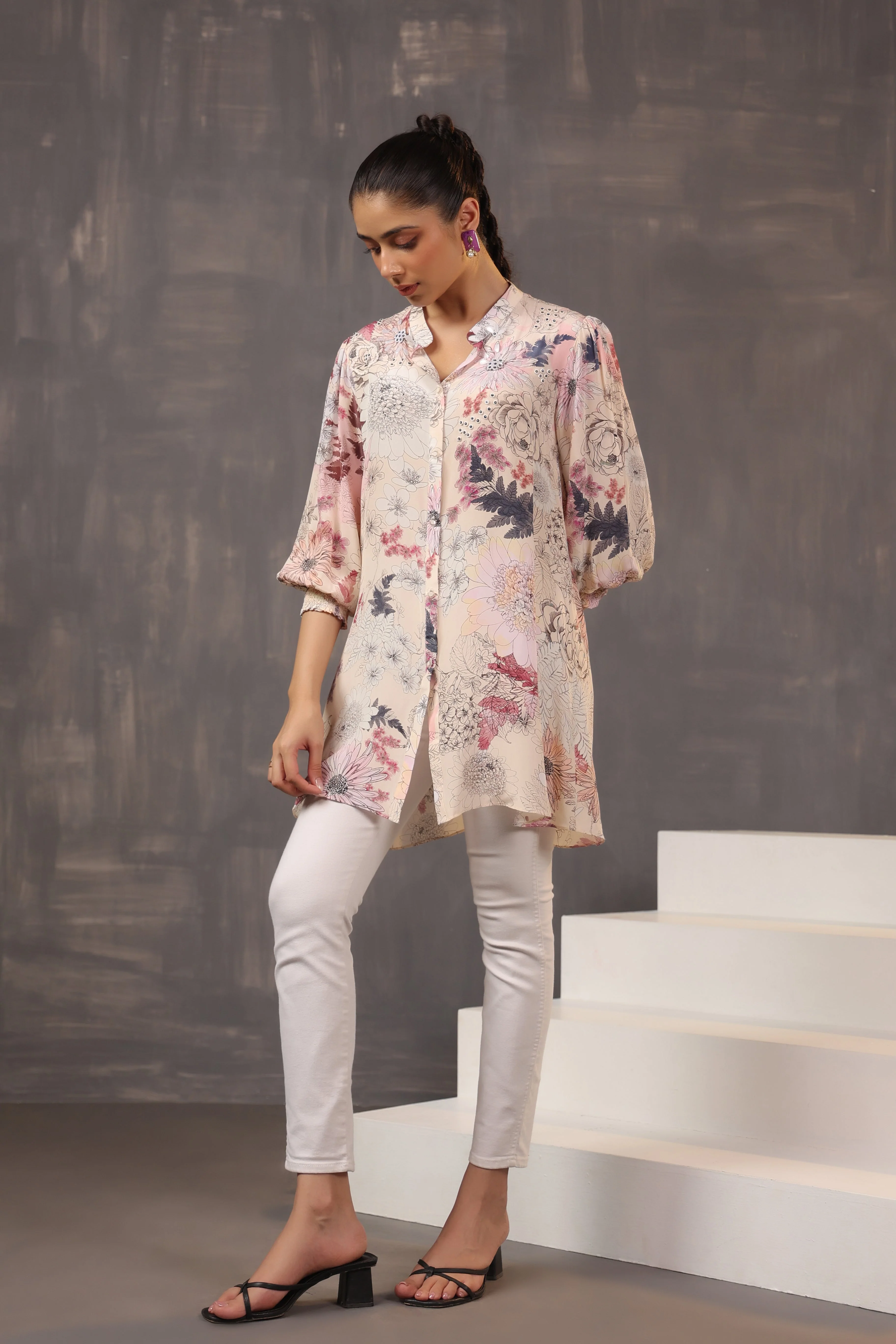 Misty Rose Floral Printed Crepe Silk Shirt - Image 4