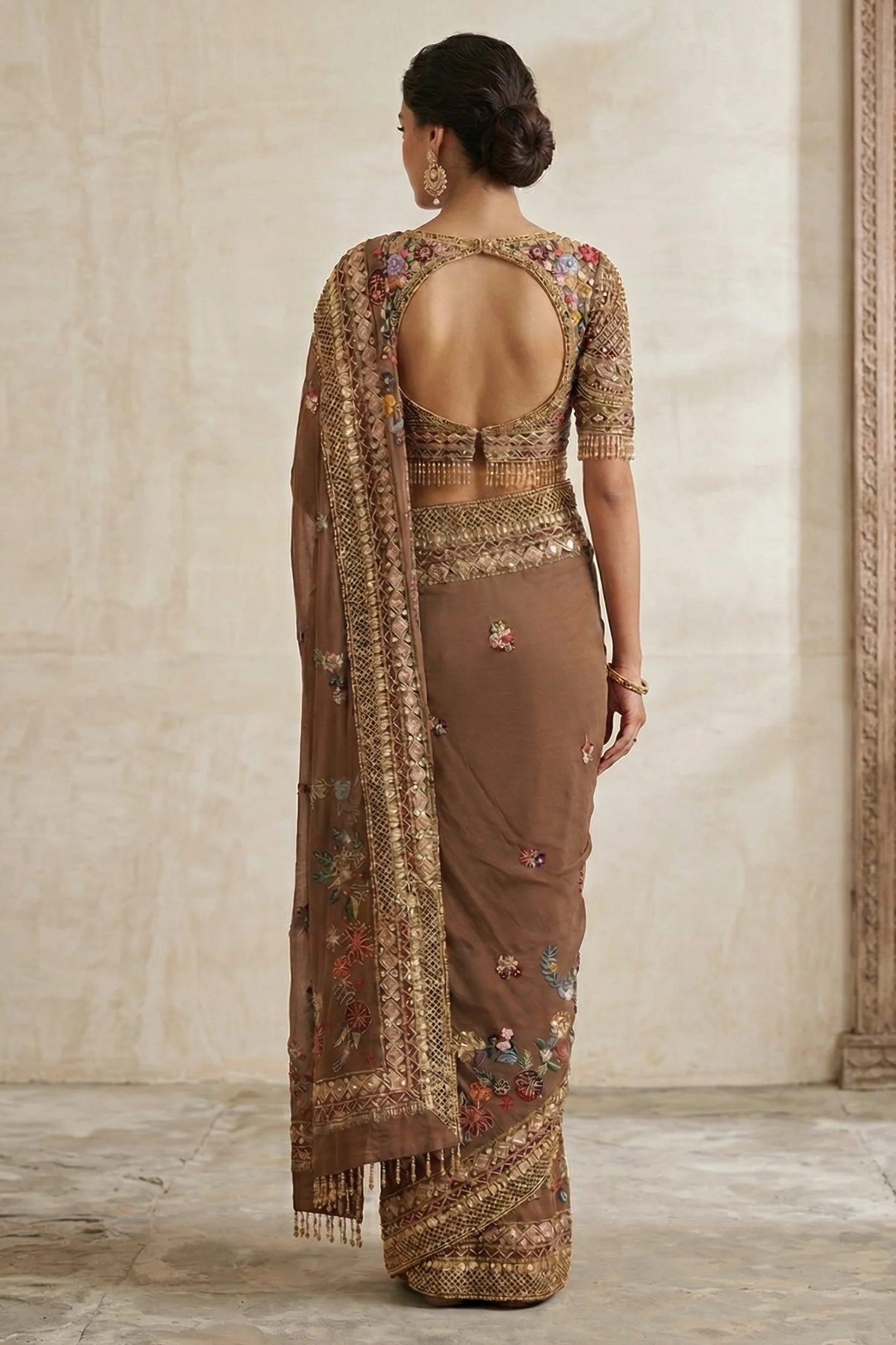Mocha Blossom Embellished Premium Georgette Saree - Image 3