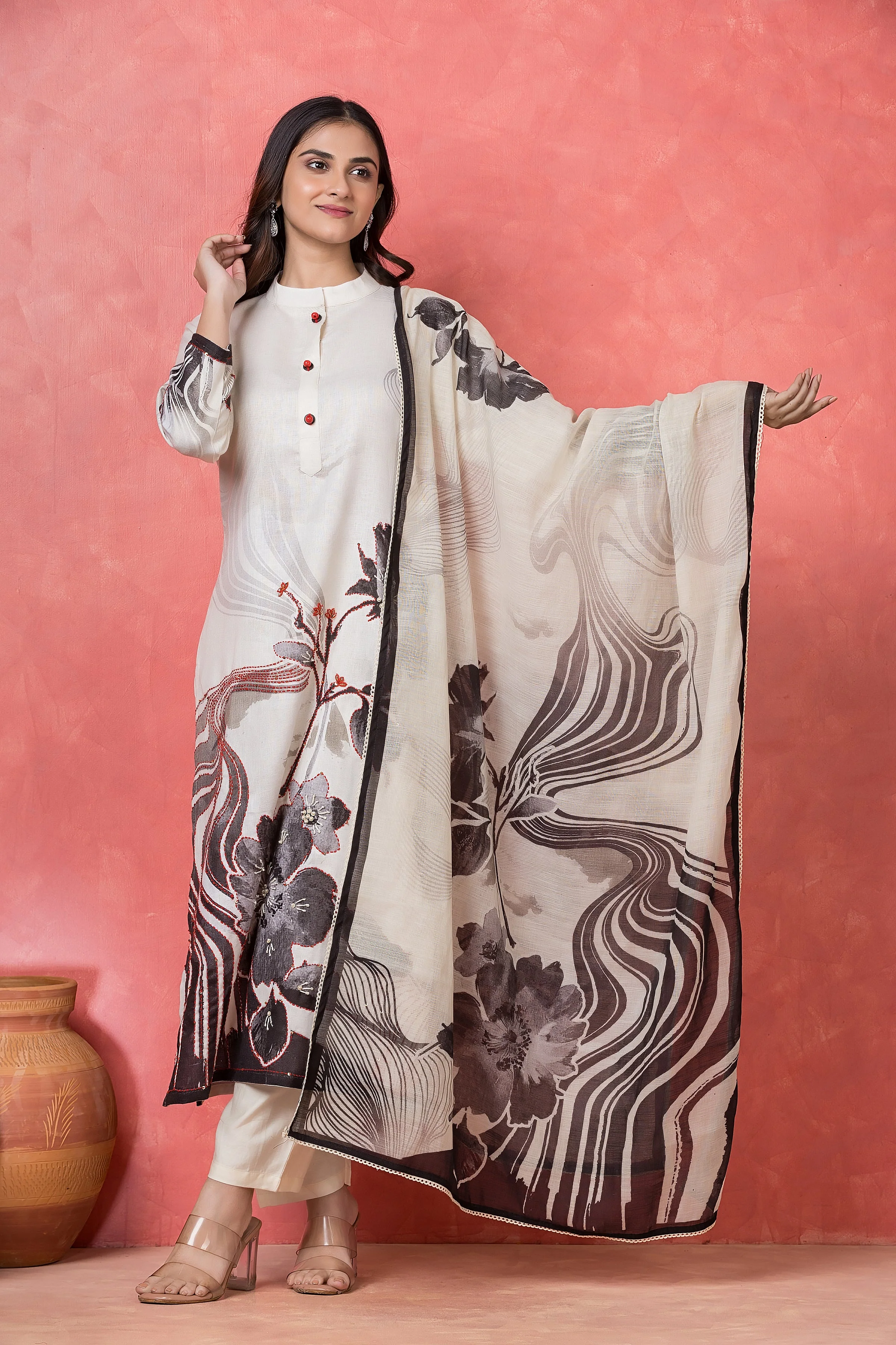 Monochrome Charcoal Printed Cotton Pant Set