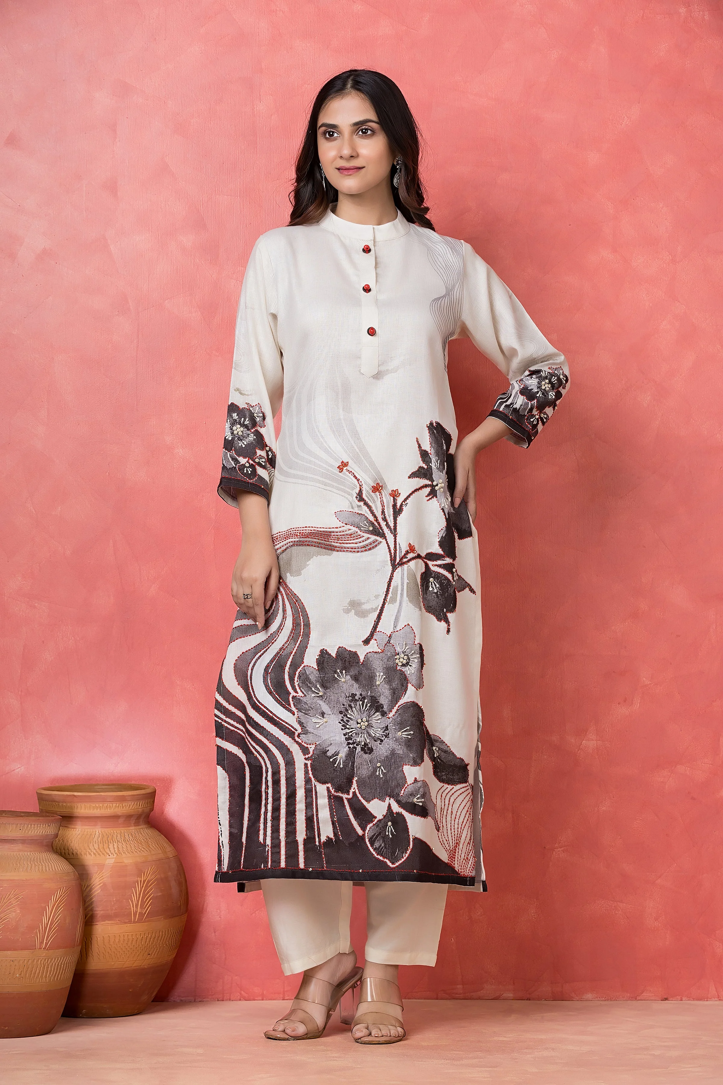 Monochrome Charcoal Printed Cotton Pant Set - Image 2