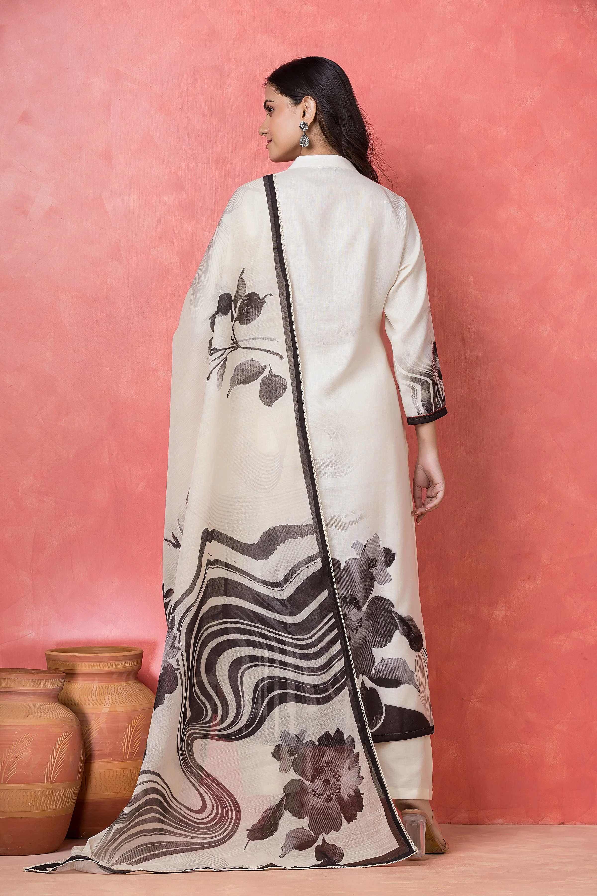 Monochrome Charcoal Printed Cotton Pant Set - Image 3