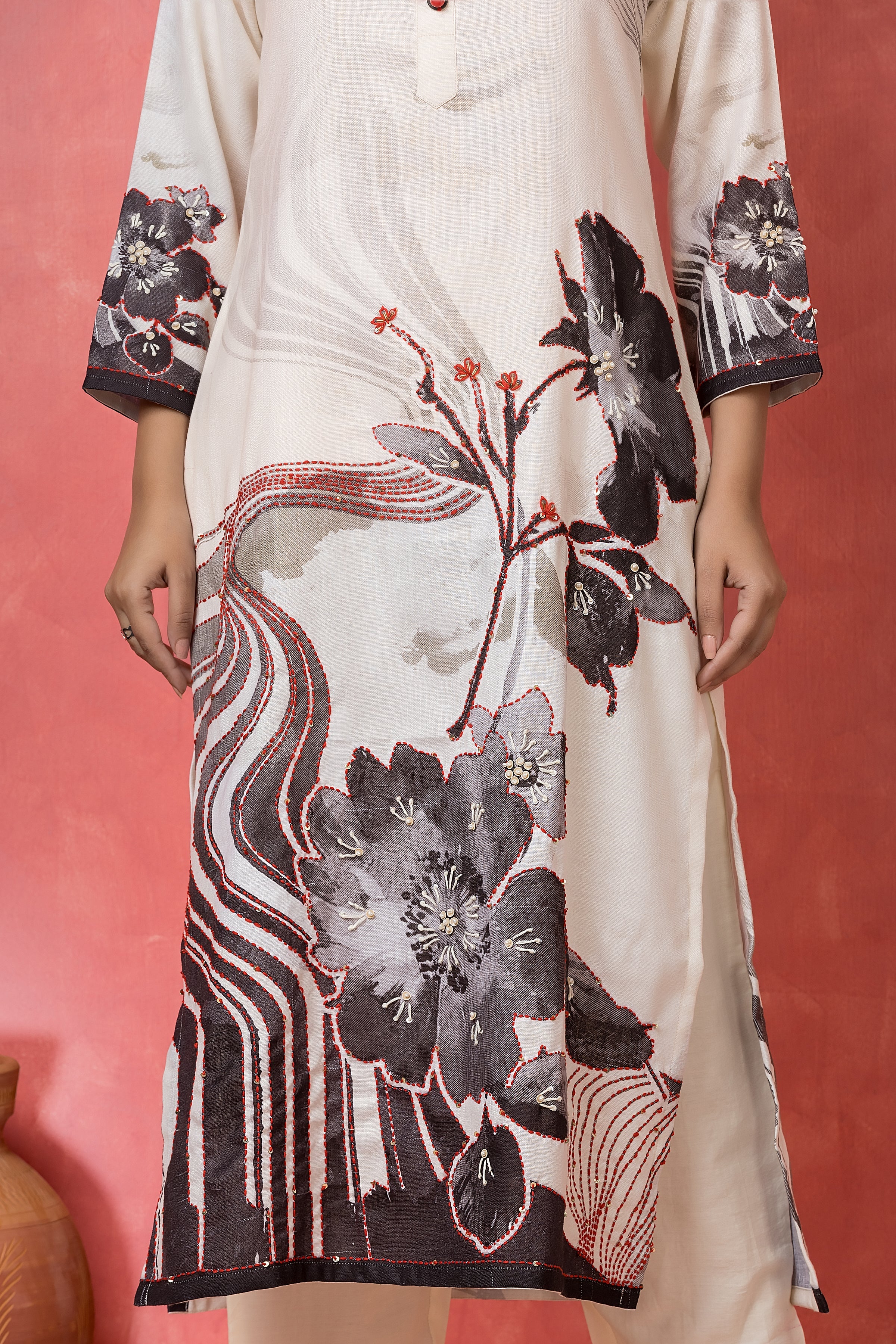 Monochrome Charcoal Printed Cotton Pant Set - Image 4
