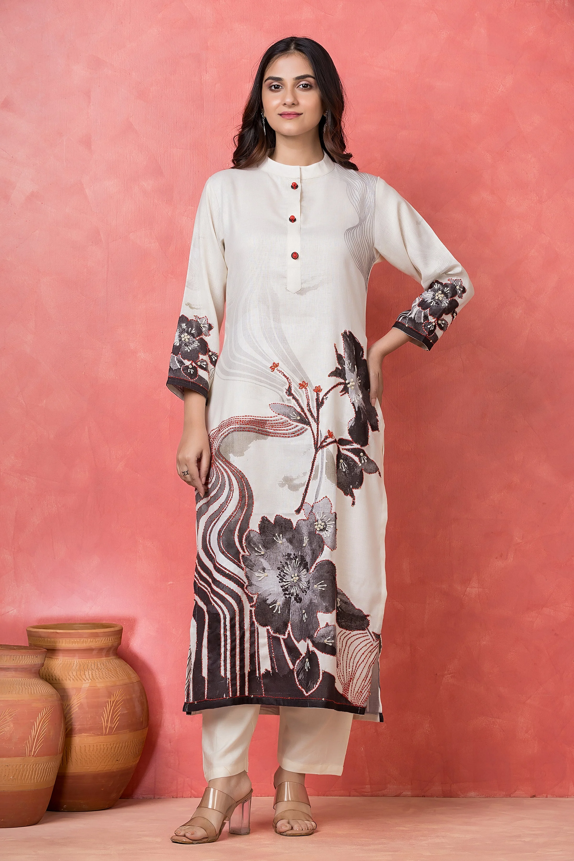 Monochrome Charcoal Printed Cotton Pant Set - Image 5