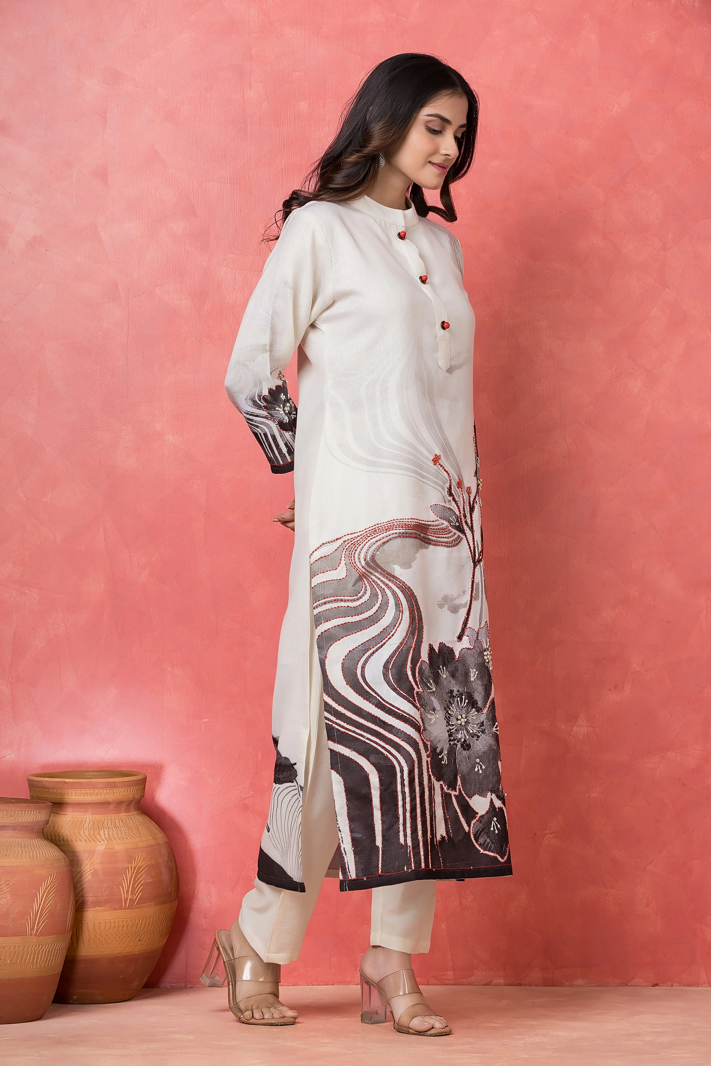 Monochrome Charcoal Printed Cotton Pant Set - Image 6