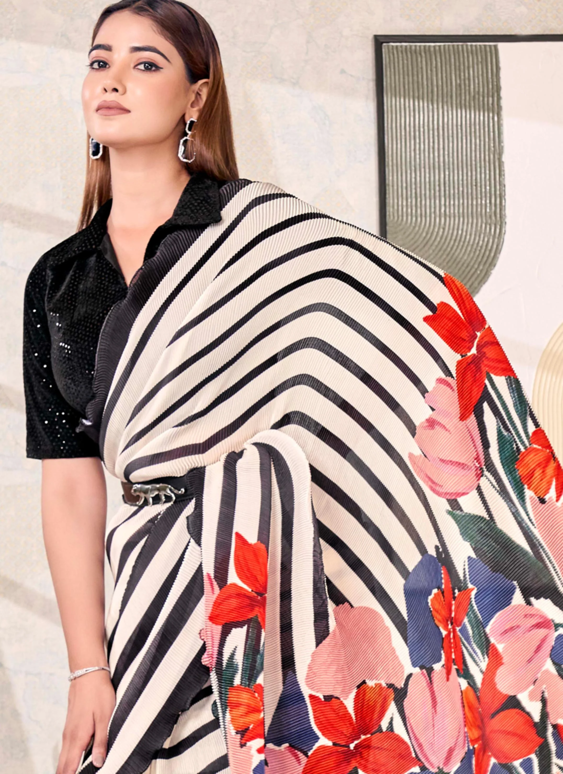 Monochrome Striped Satin Silk Saree with Floral Pallu - Image 2