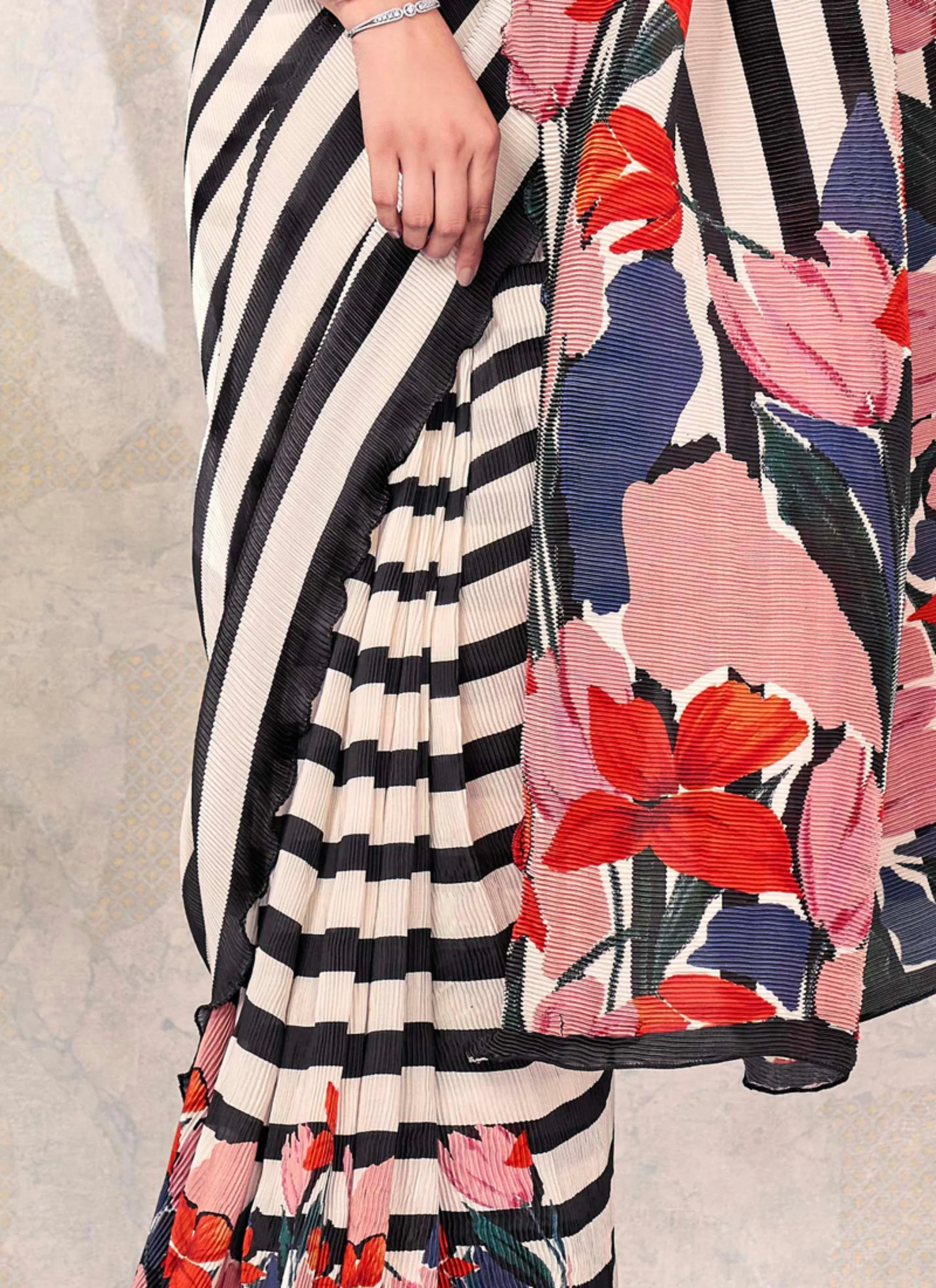Monochrome Striped Satin Silk Saree with Floral Pallu - Image 4