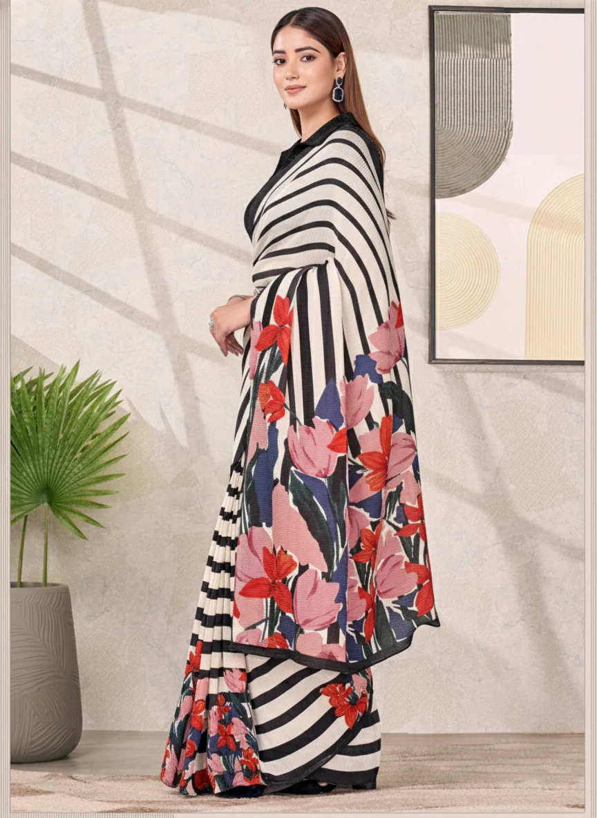 Monochrome Striped Satin Silk Saree with Floral Pallu - Image 6