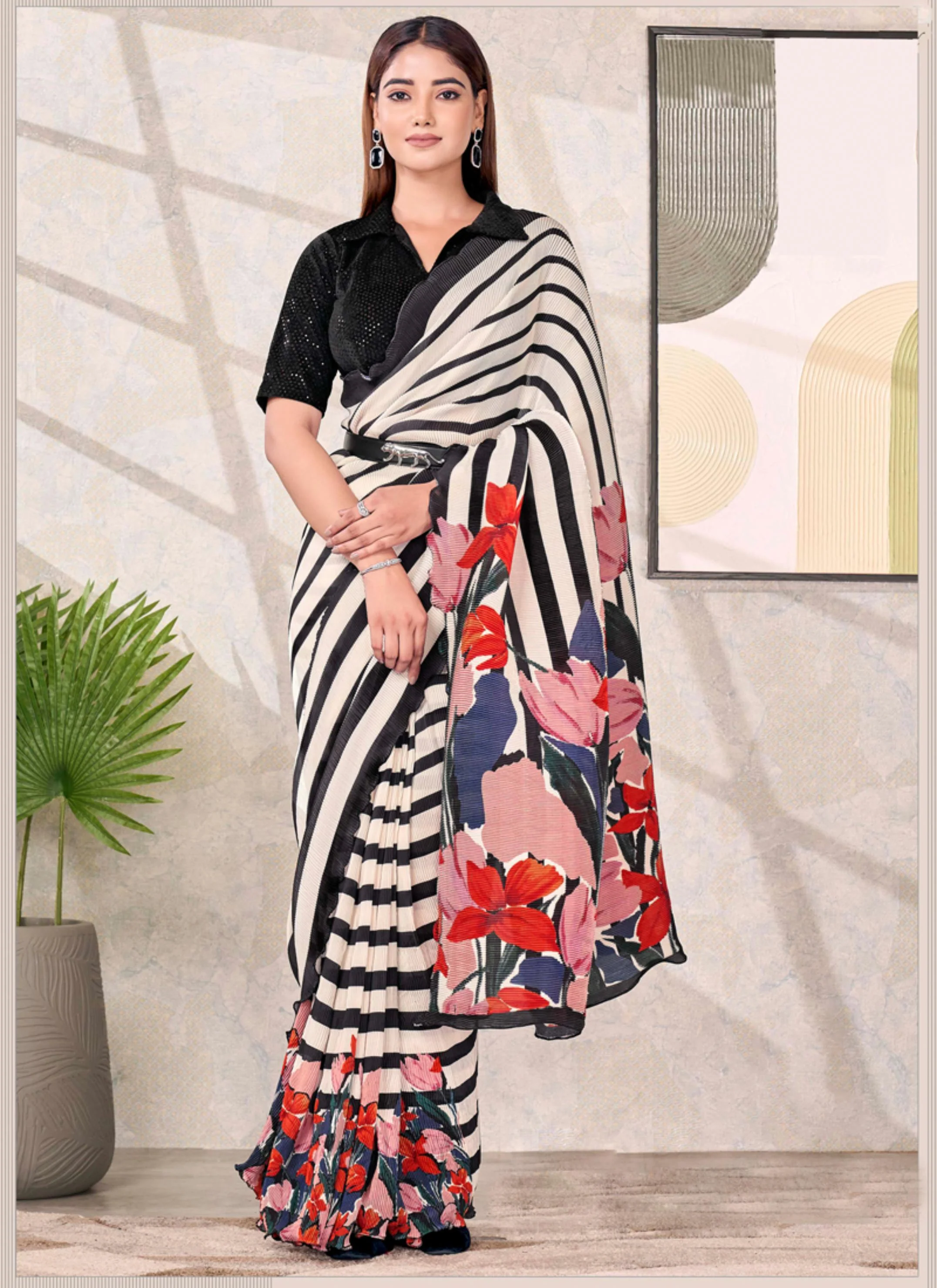 Monochrome Striped Satin Silk Saree with Floral Pallu - Image 7