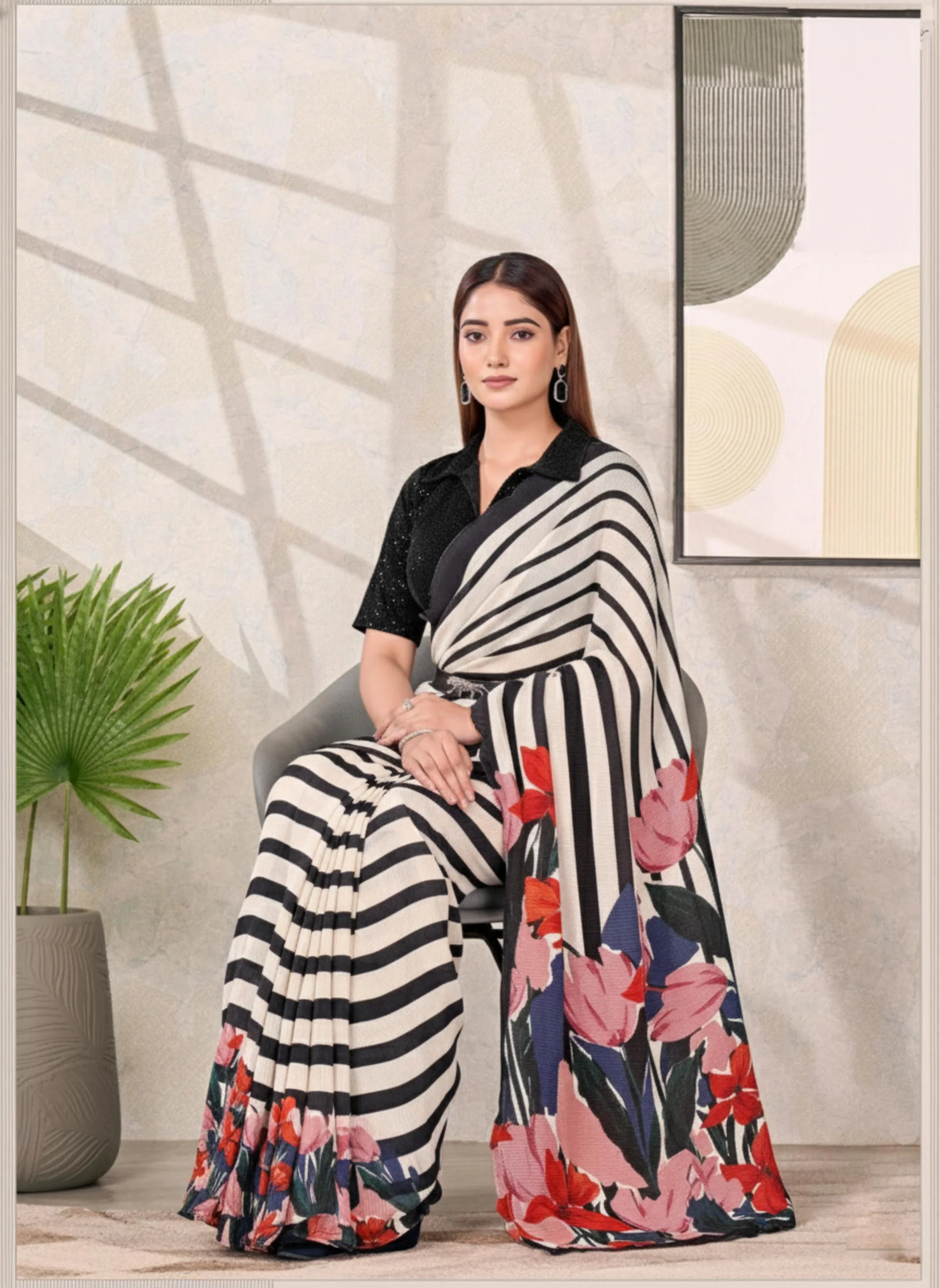Monochrome Striped Satin Silk Saree with Floral Pallu - Image 8