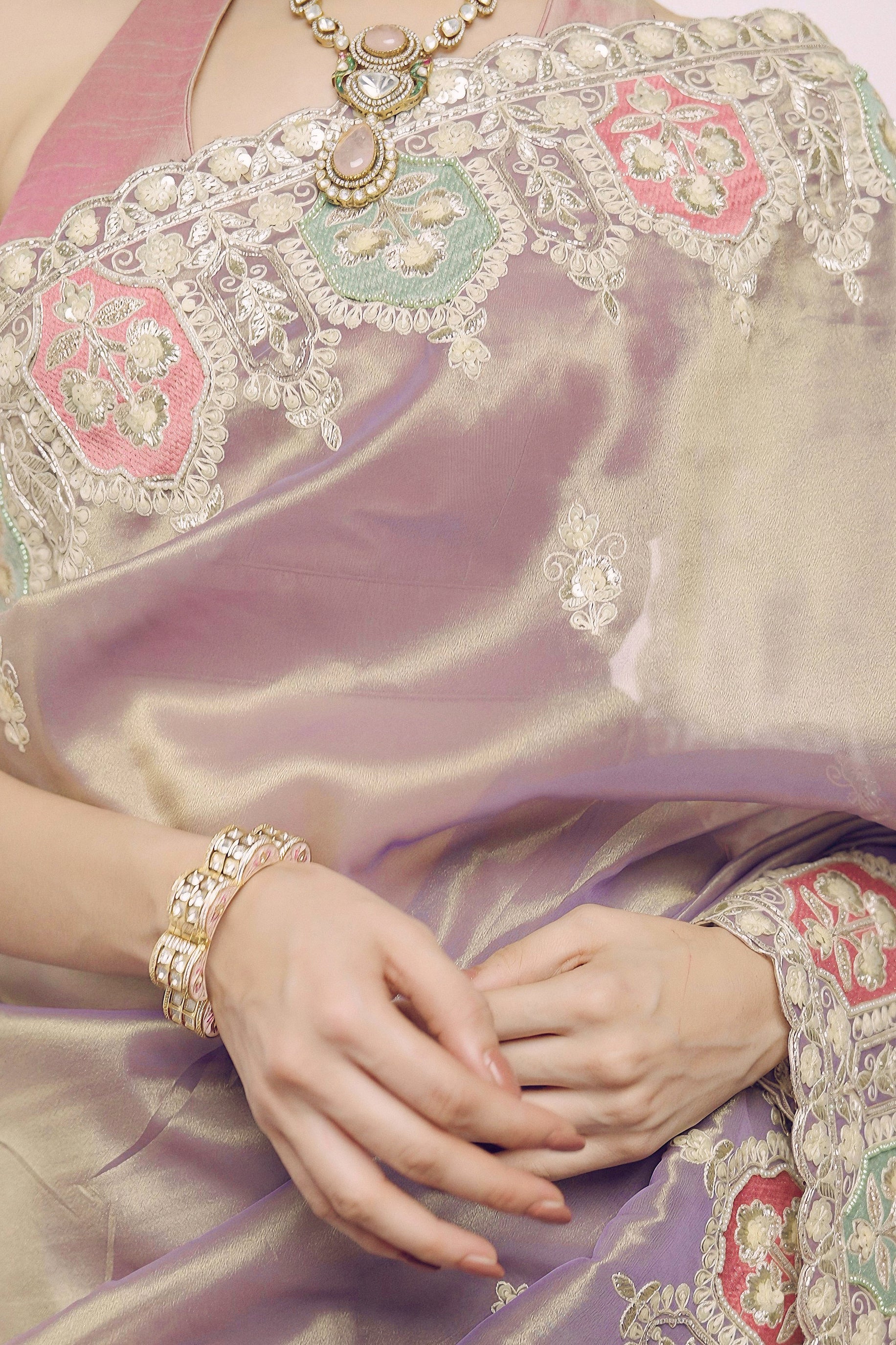 Moonlit Mauve Embellished Shimmer Tissue Silk Saree - Image 2