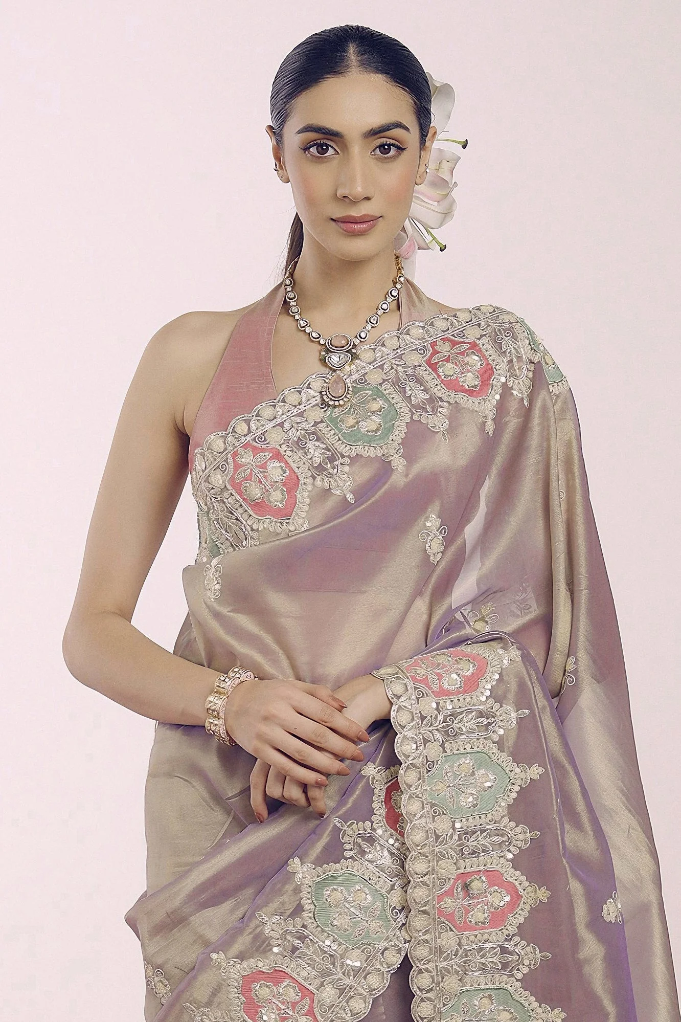 Moonlit Mauve Embellished Shimmer Tissue Silk Saree - Image 3