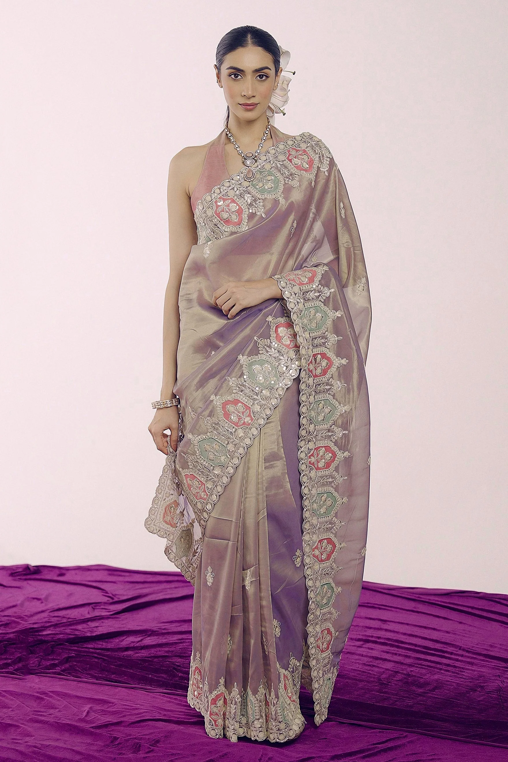 Moonlit Mauve Embellished Shimmer Tissue Silk Saree - Image 4