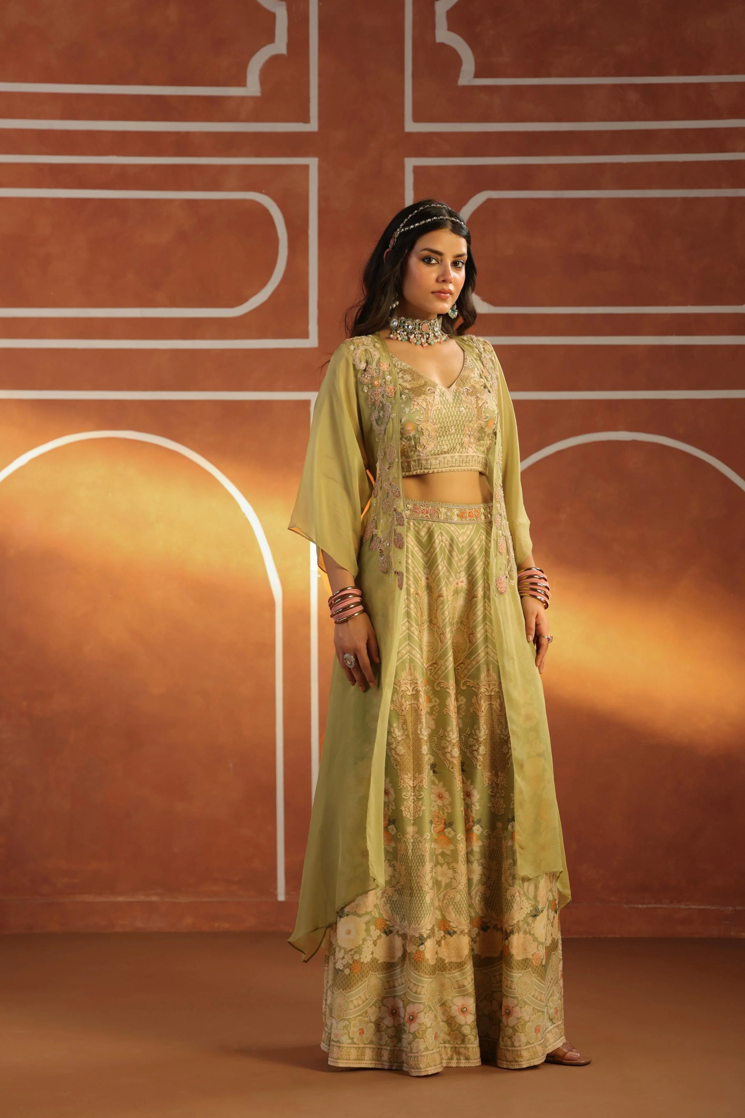Moss Green Embellished Raw Silk Sharara Set - Image 3