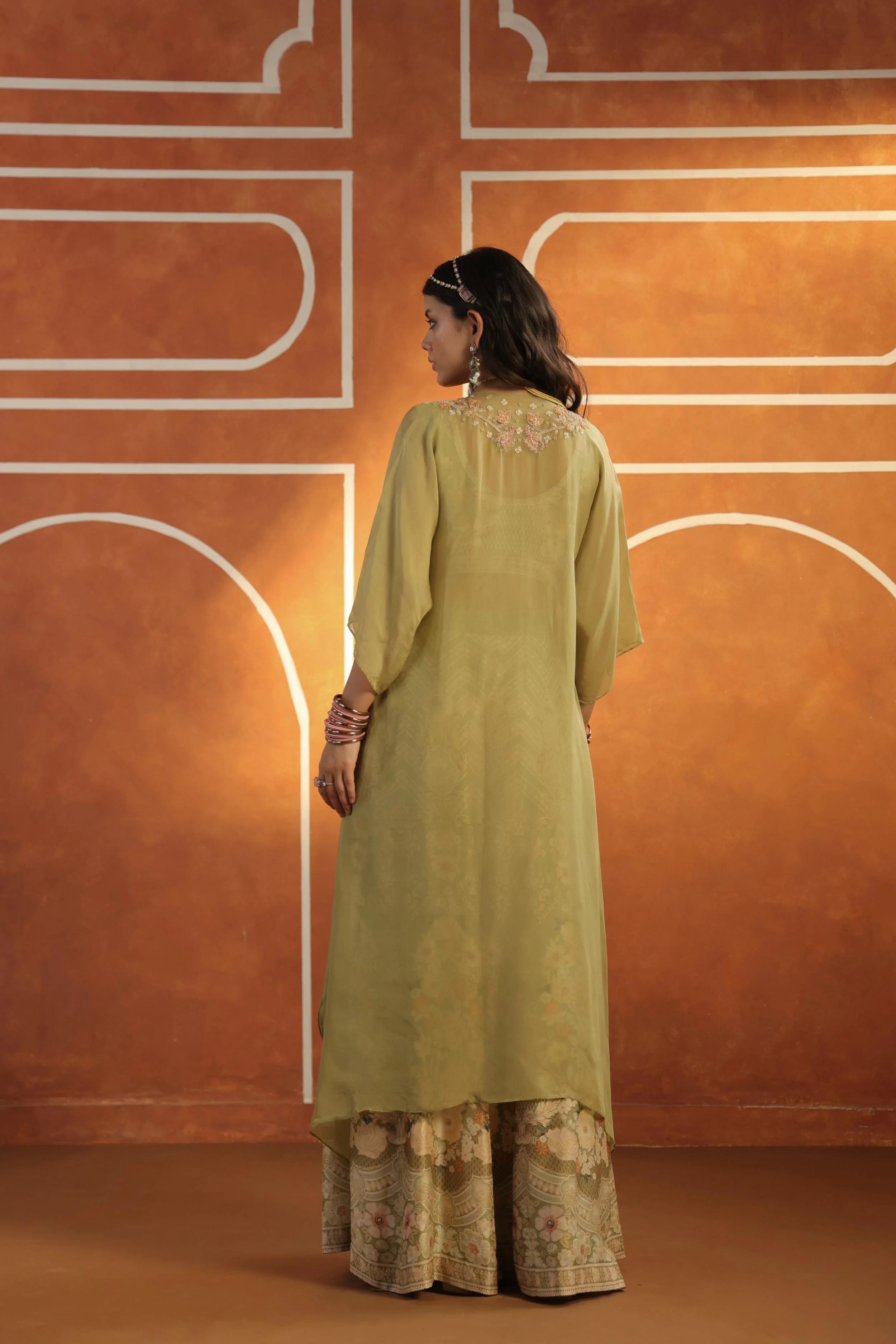 Moss Green Embellished Raw Silk Sharara Set - Image 5
