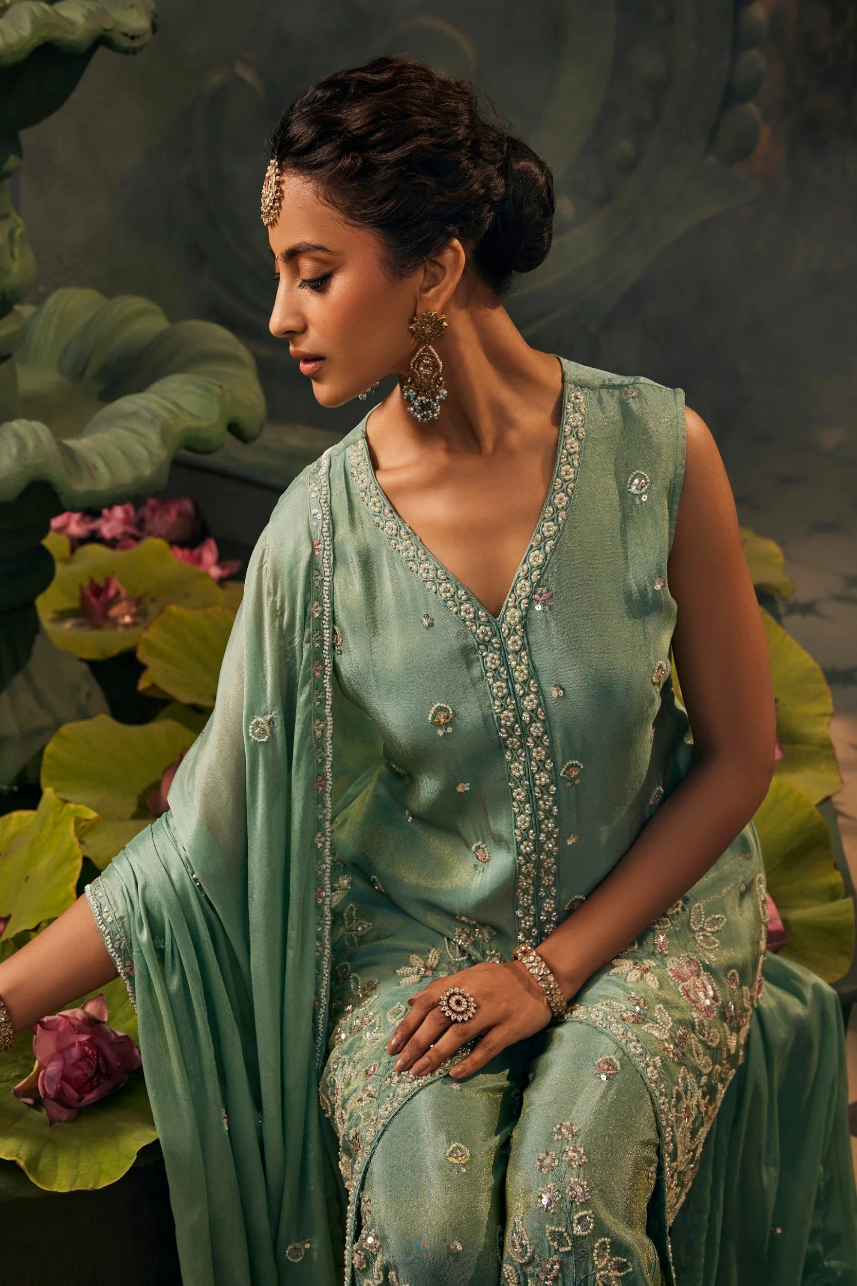 Glossy Sage Embellished Shimmer Silk Pant Set - Image 2