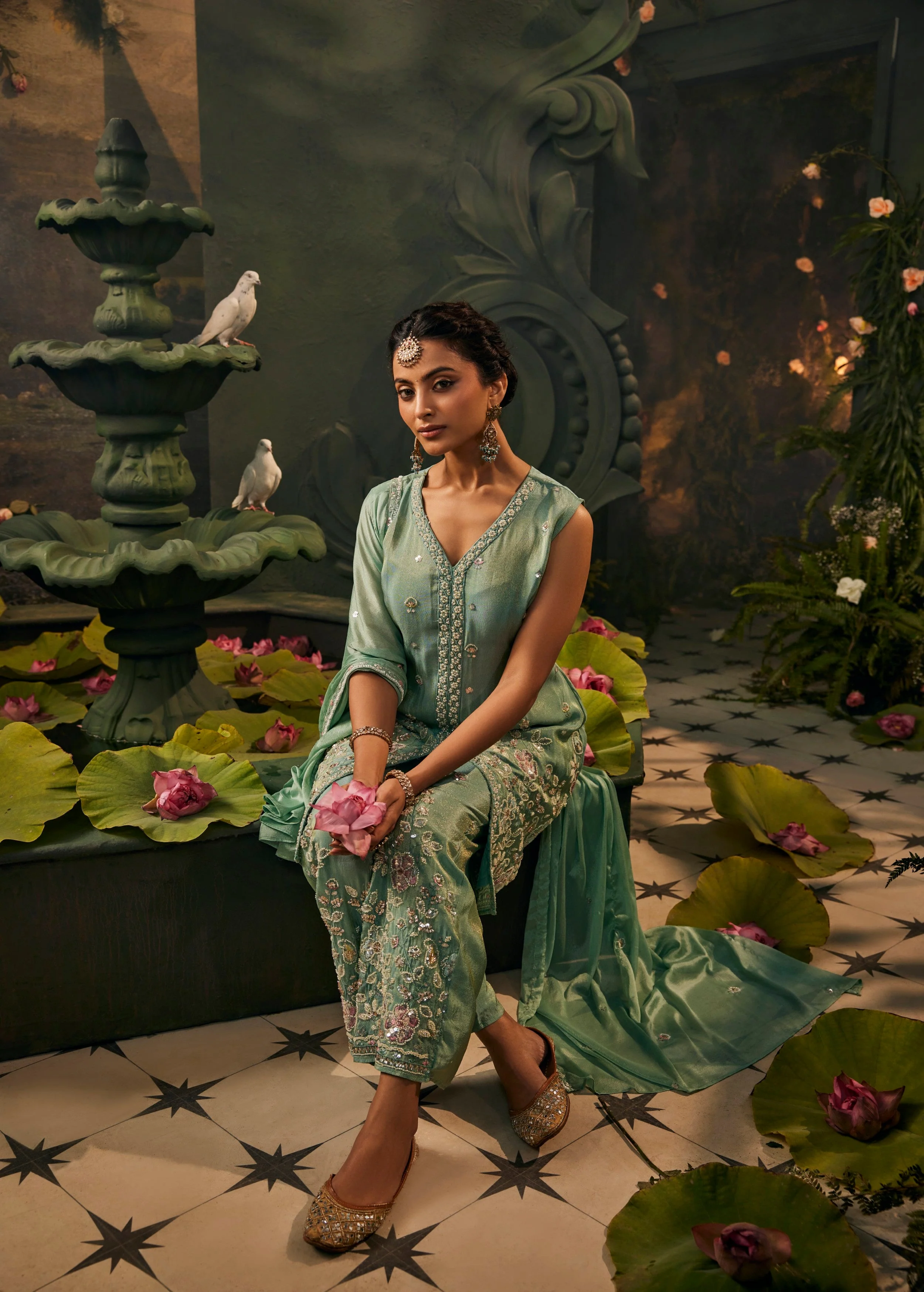 Glossy Sage Embellished Shimmer Silk Pant Set - Image 3