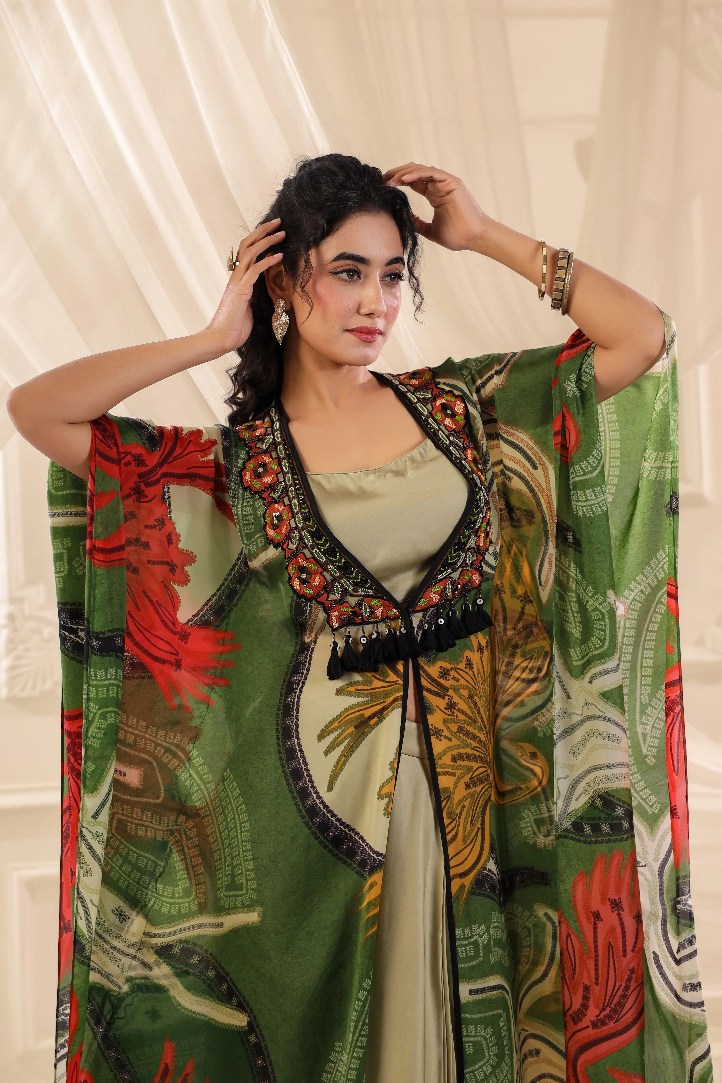Moss Green Printed Satin Silk Cape Set - Image 2