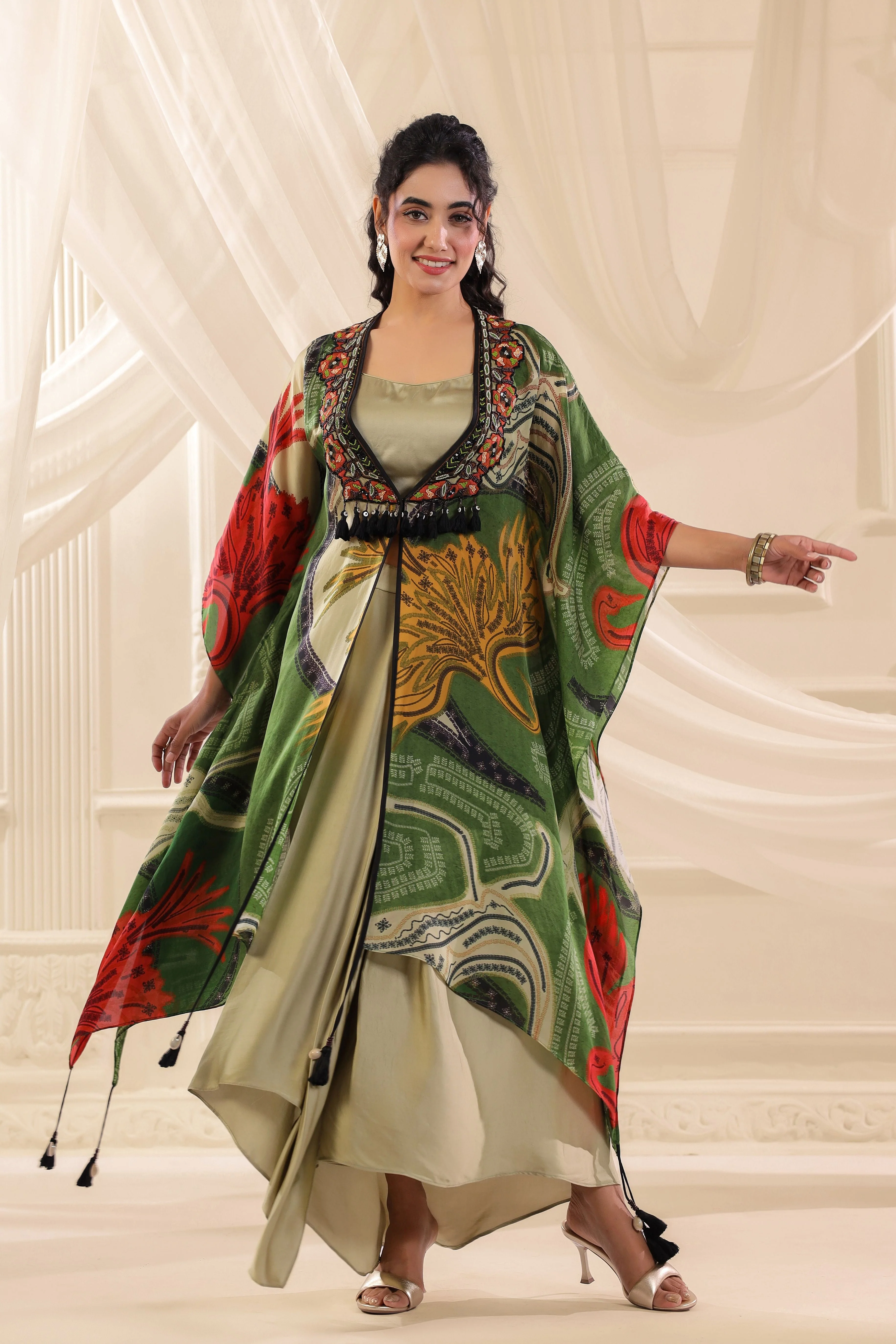 Moss Green Printed Satin Silk Cape Set - Image 3
