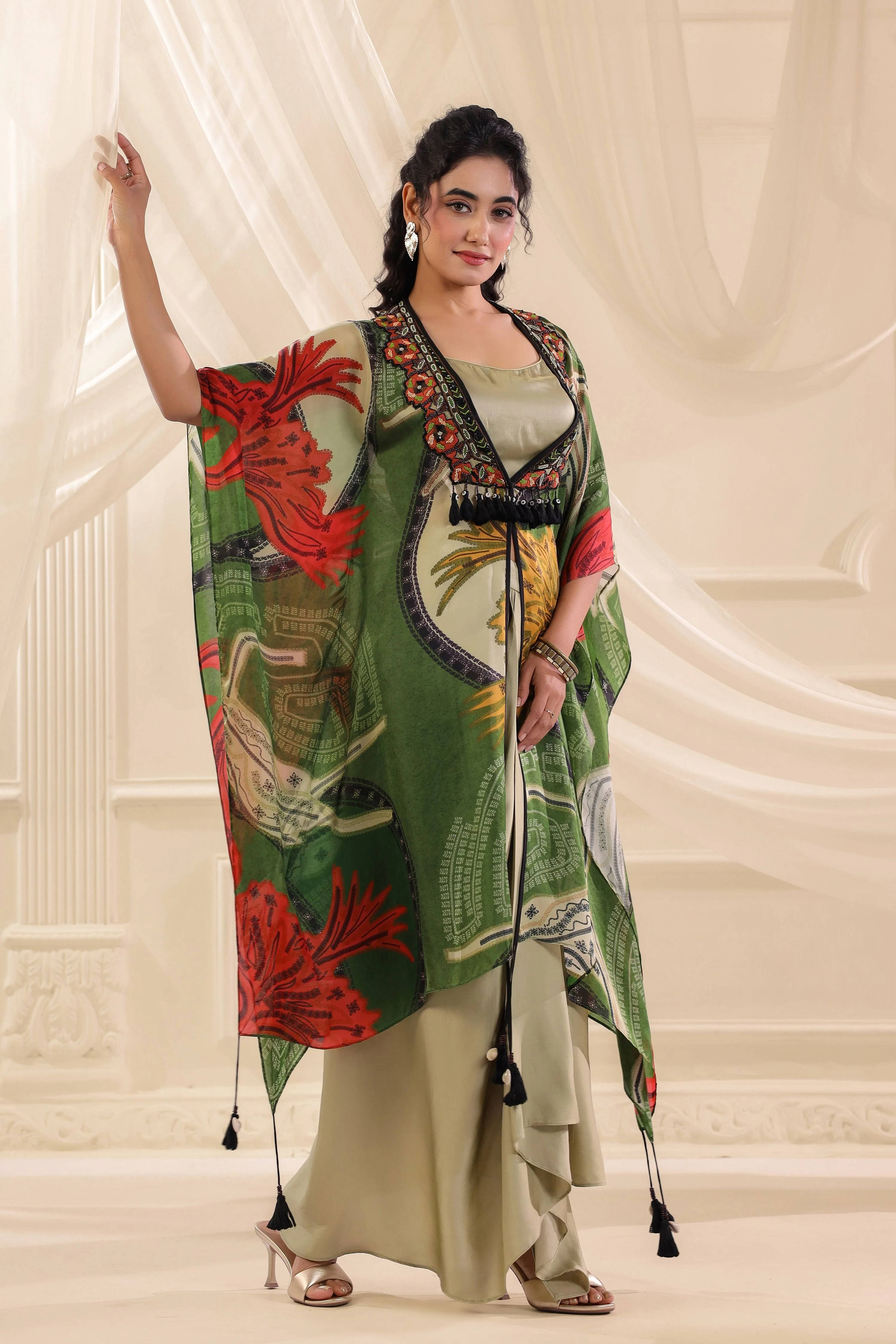 Moss Green Printed Satin Silk Cape Set - Image 4