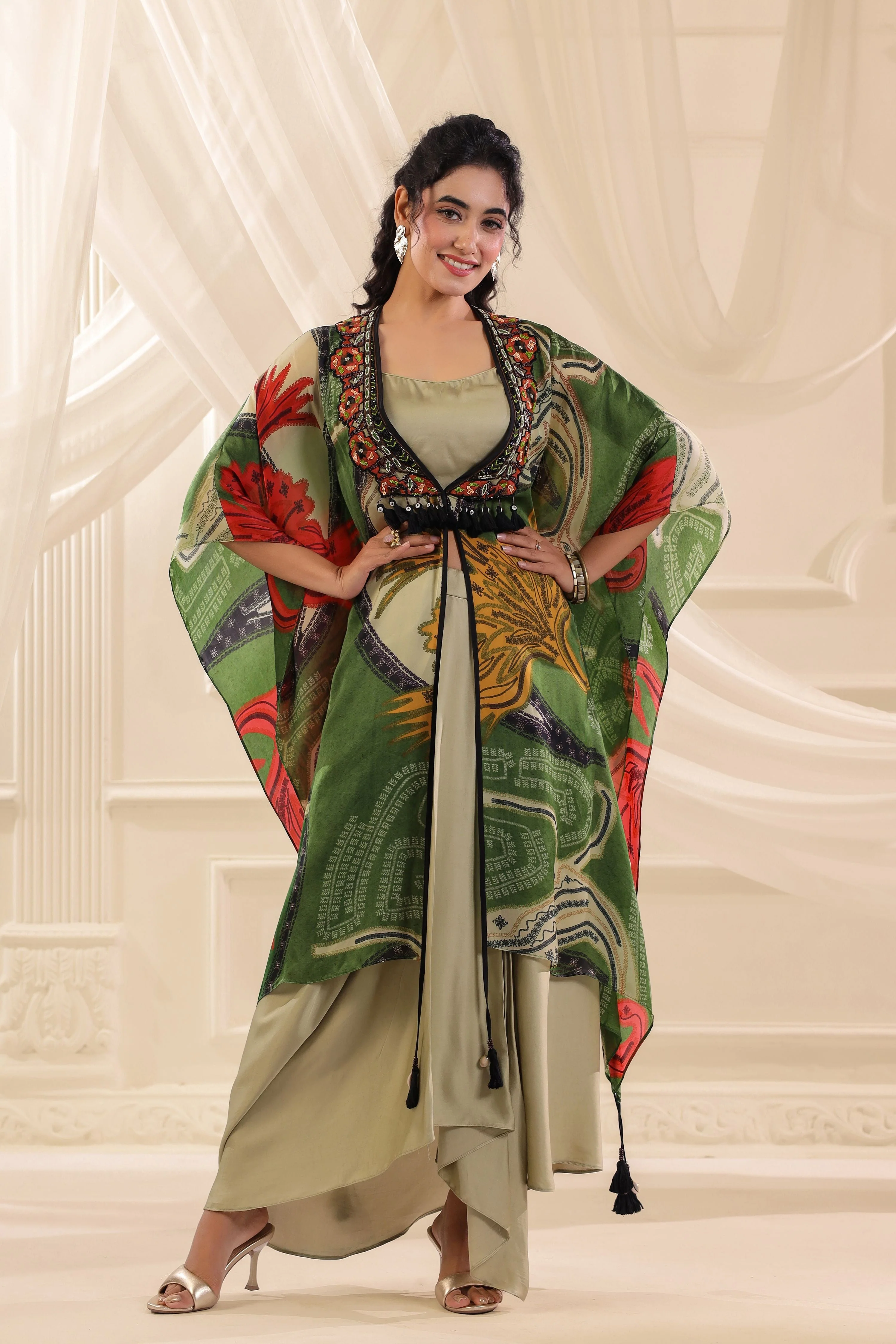 Moss Green Printed Satin Silk Cape Set - Image 5