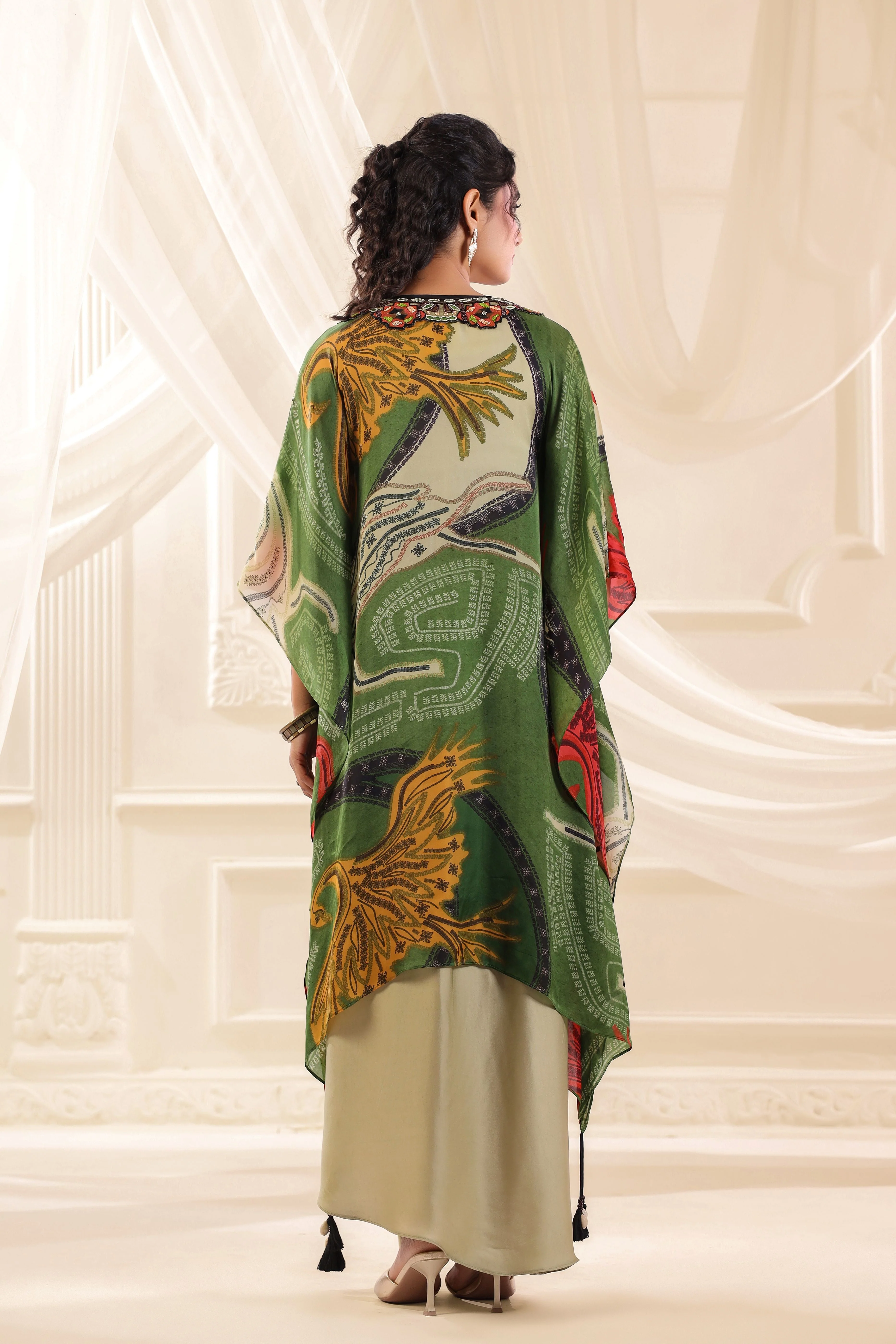 Moss Green Printed Satin Silk Cape Set - Image 6