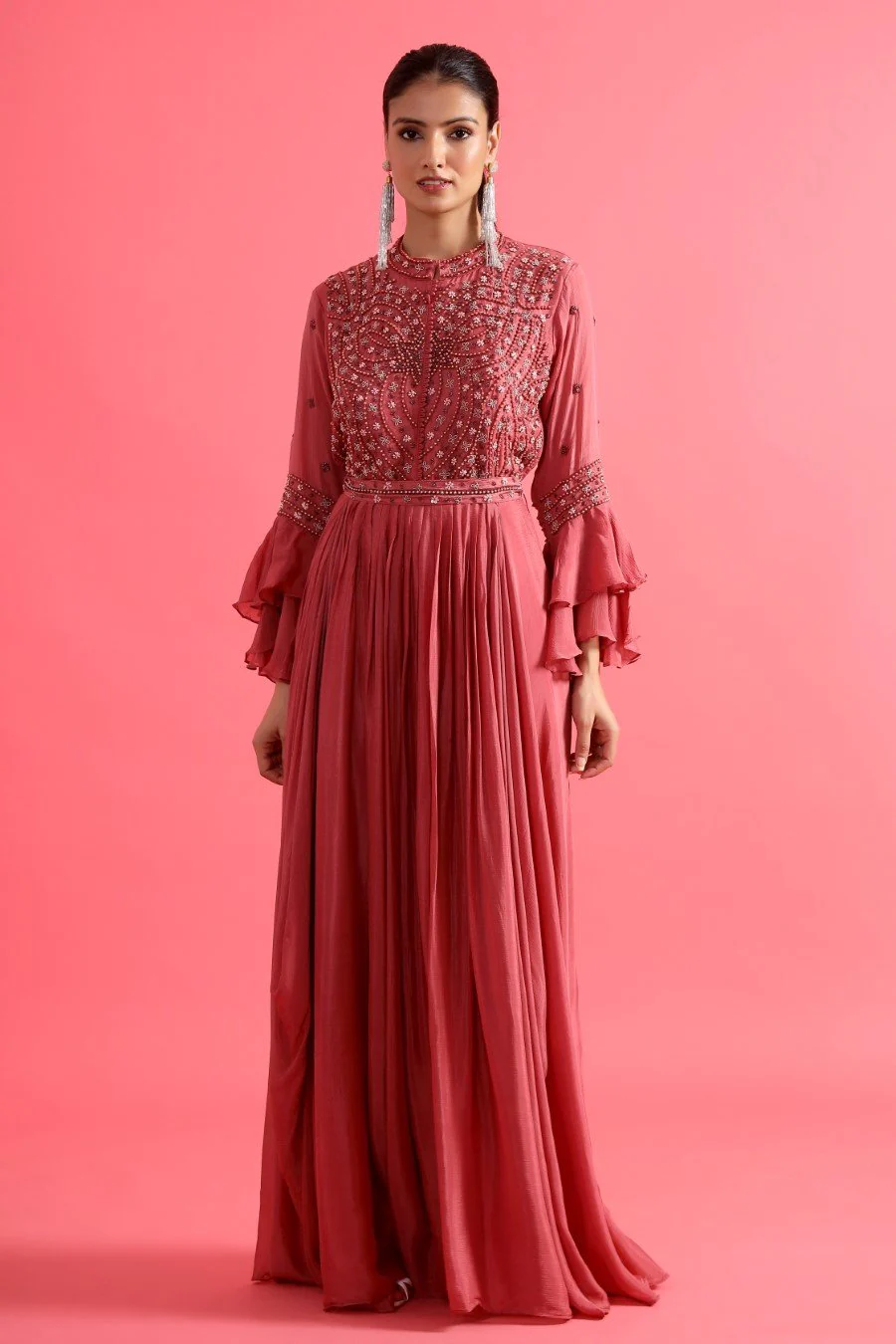 Mulberry Pink Embellished Chinon Silk Gown