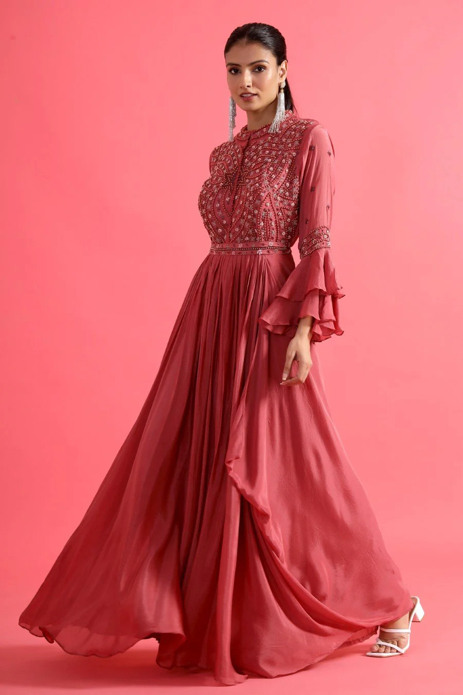 Mulberry Pink Embellished Chinon Silk Gown - Image 3
