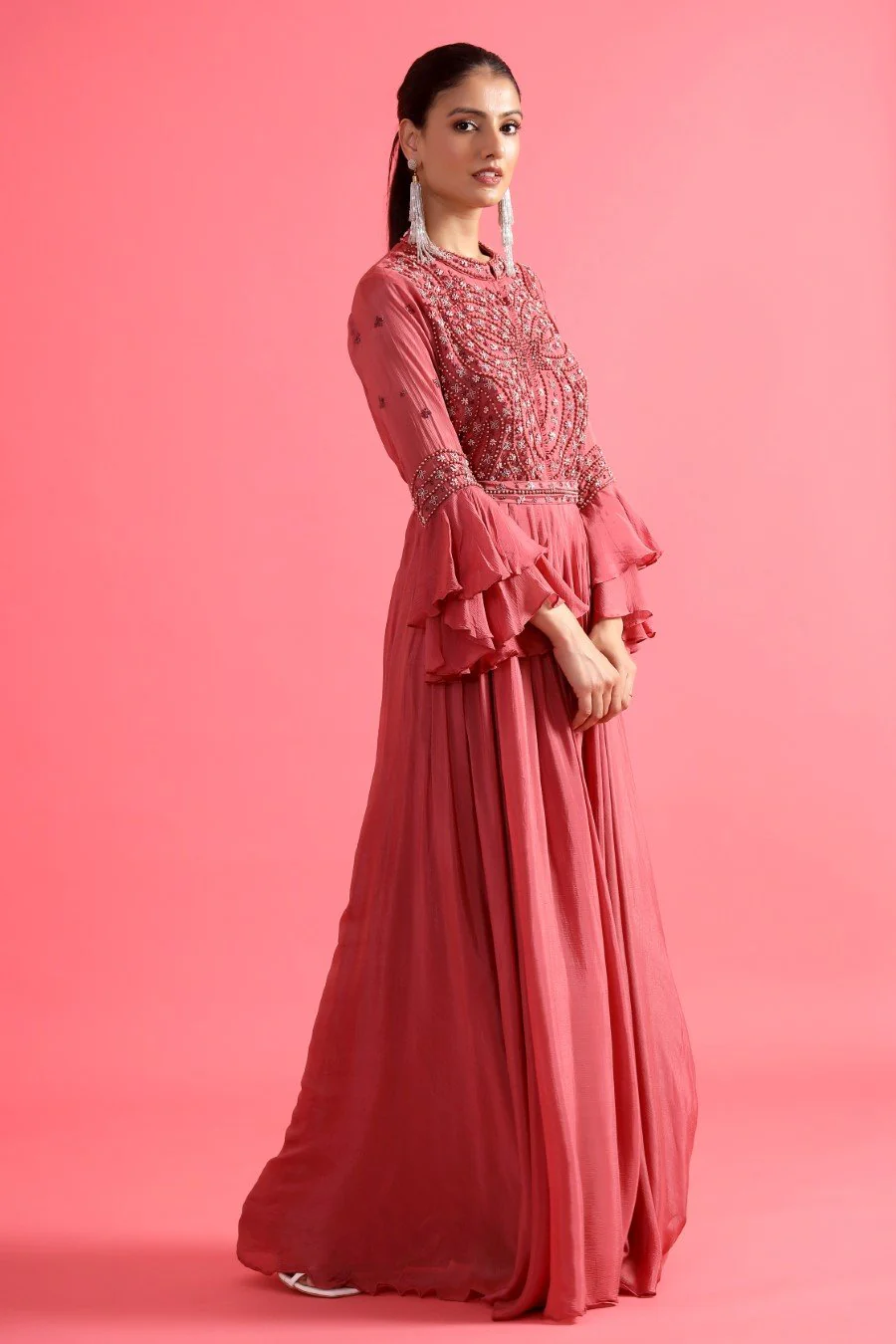 Mulberry Pink Embellished Chinon Silk Gown - Image 4