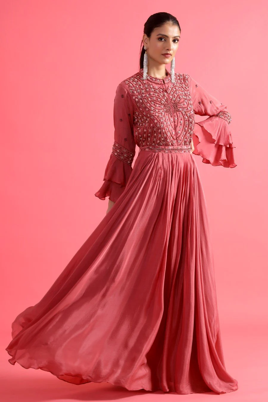 Mulberry Pink Embellished Chinon Silk Gown - Image 7